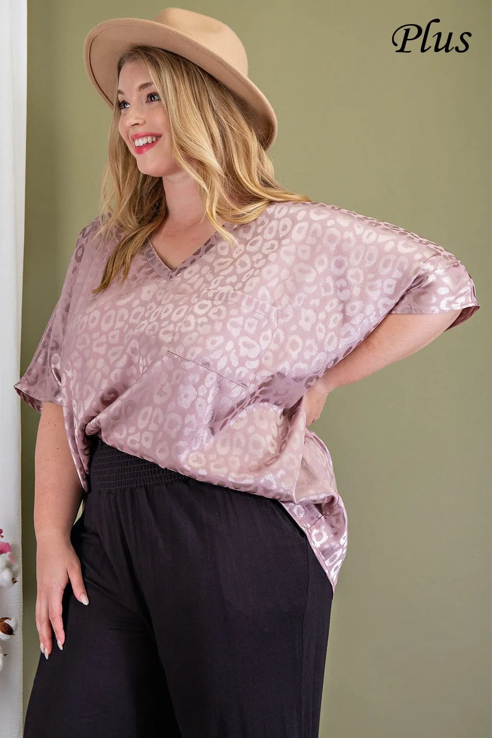 ee:some Mauve Animal Print V Neck Flowy Blouse With Pocket Plus
