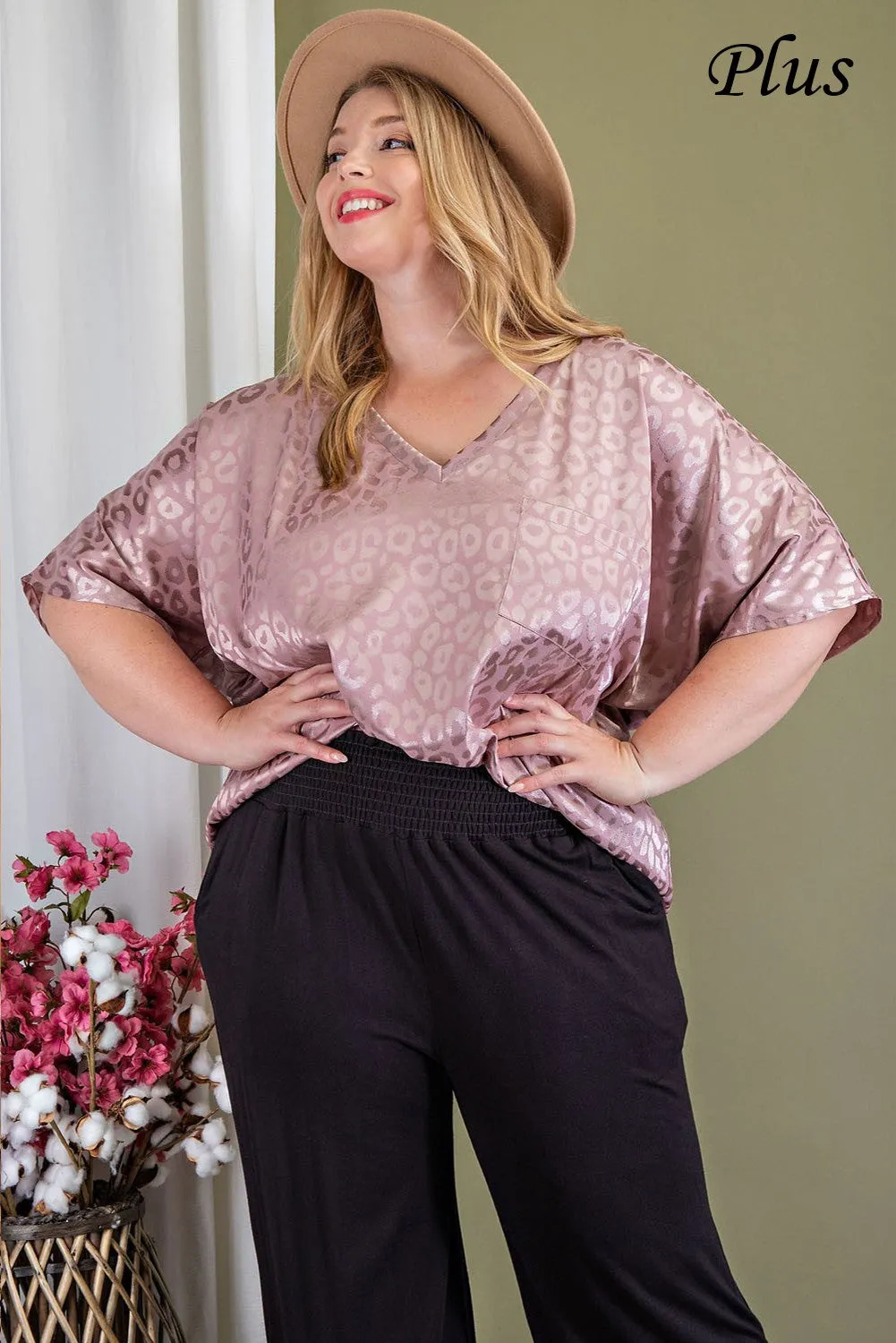 ee:some Mauve Animal Print V Neck Flowy Blouse With Pocket Plus