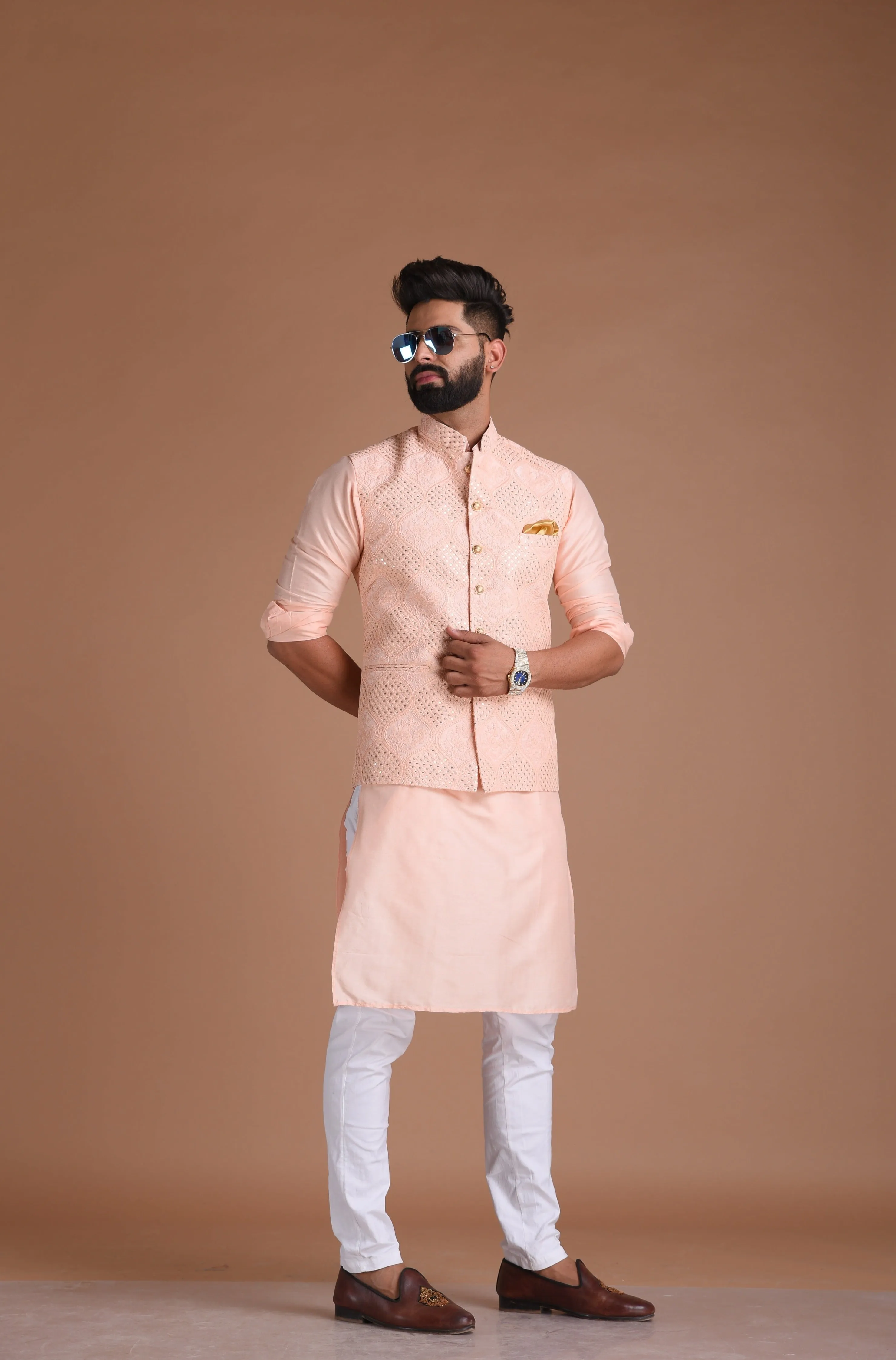Elegant Lucknowi  Chikankari Embroidered Royal-Pink Nehru Jacket with Silk Kurta Pajama | Groom Wear for Pre & Post Wedding Functions