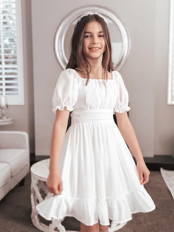 Emilia Girls White Dress - Knee Length