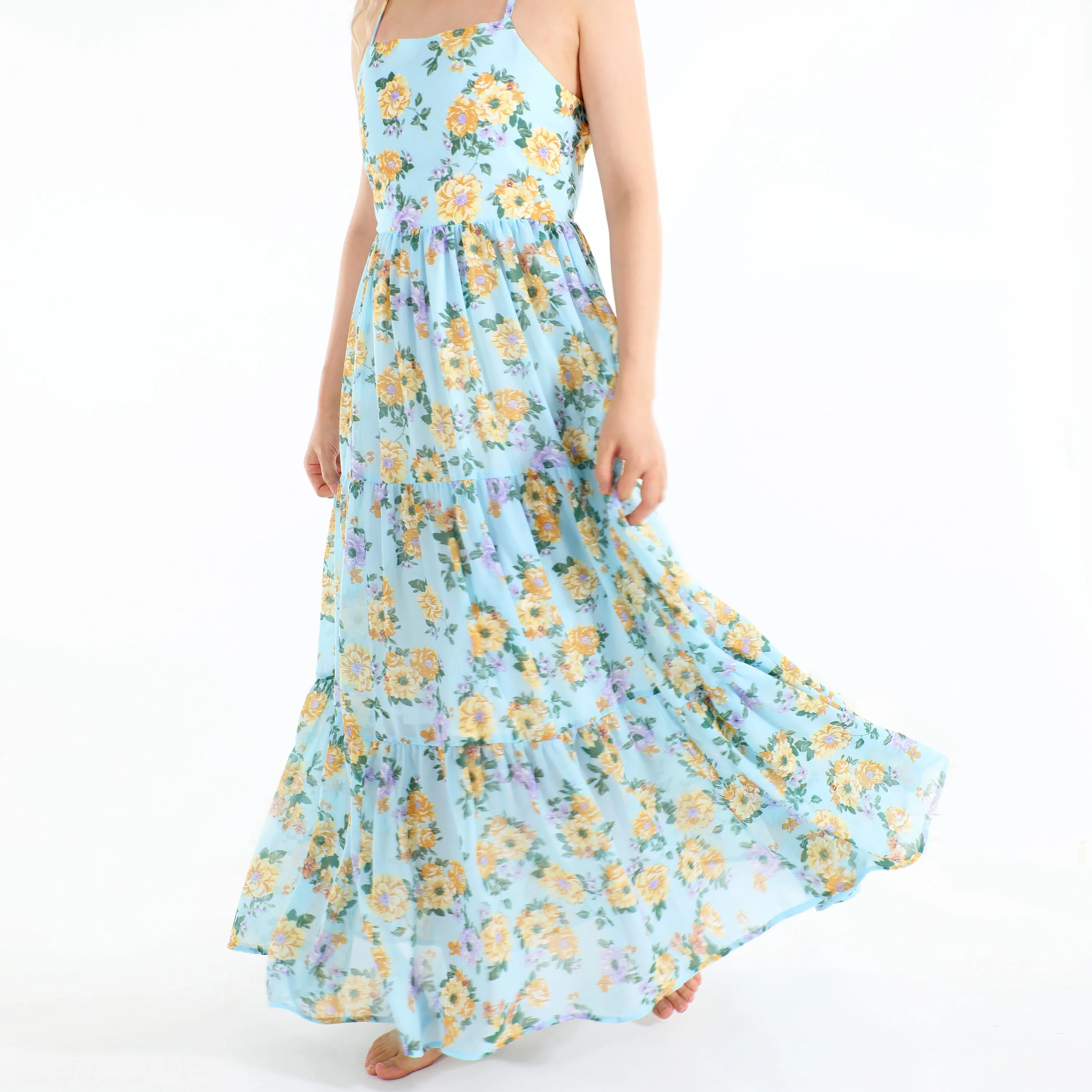 Flofallzique Girls Chiffon Dress Summer Maxi Floral  Tiered Dresses Spaghetti Strap Kids Boho Vintage Sundress
