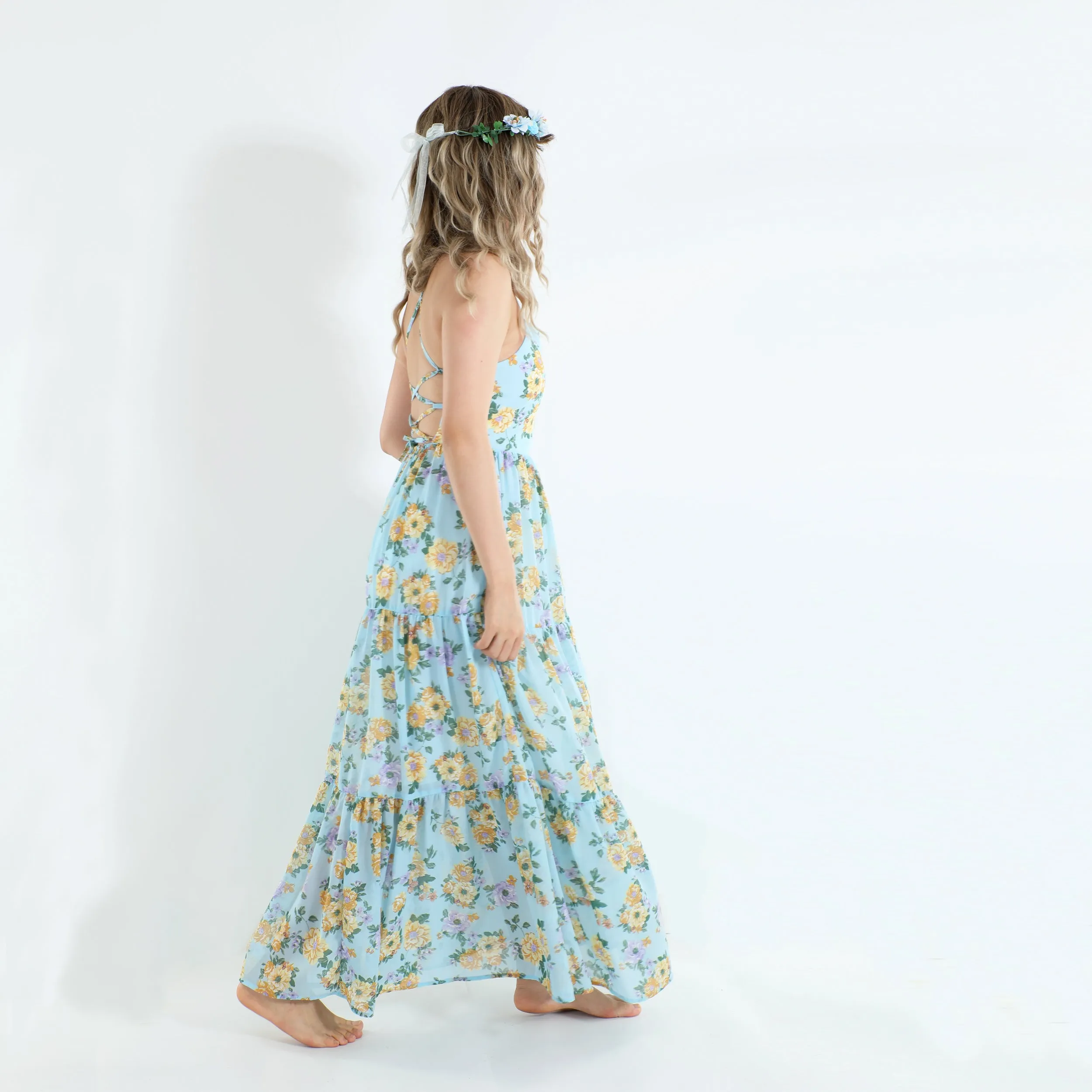 Flofallzique Girls Chiffon Dress Summer Maxi Floral  Tiered Dresses Spaghetti Strap Kids Boho Vintage Sundress
