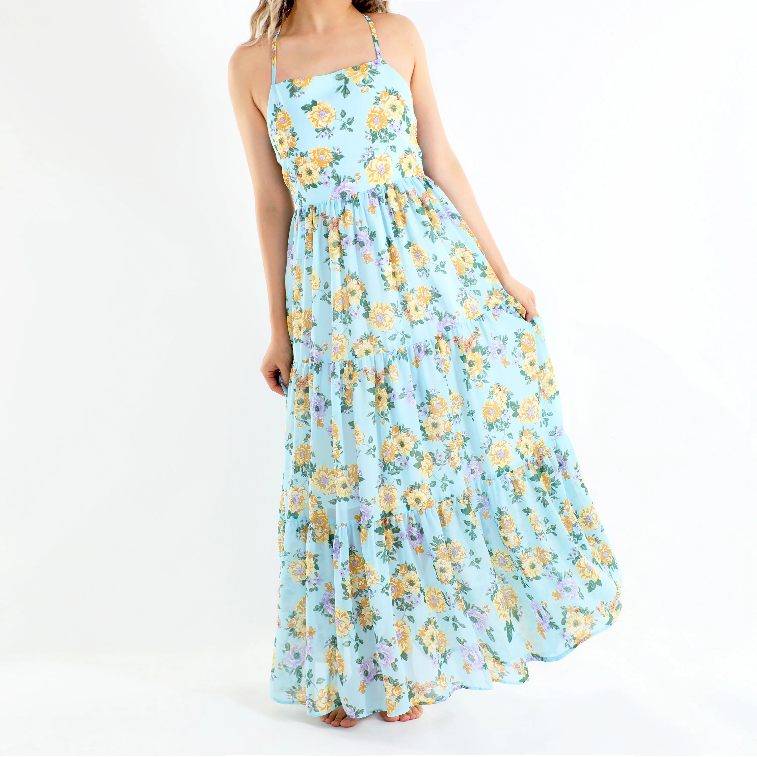 Flofallzique Girls Chiffon Dress Summer Maxi Floral  Tiered Dresses Spaghetti Strap Kids Boho Vintage Sundress