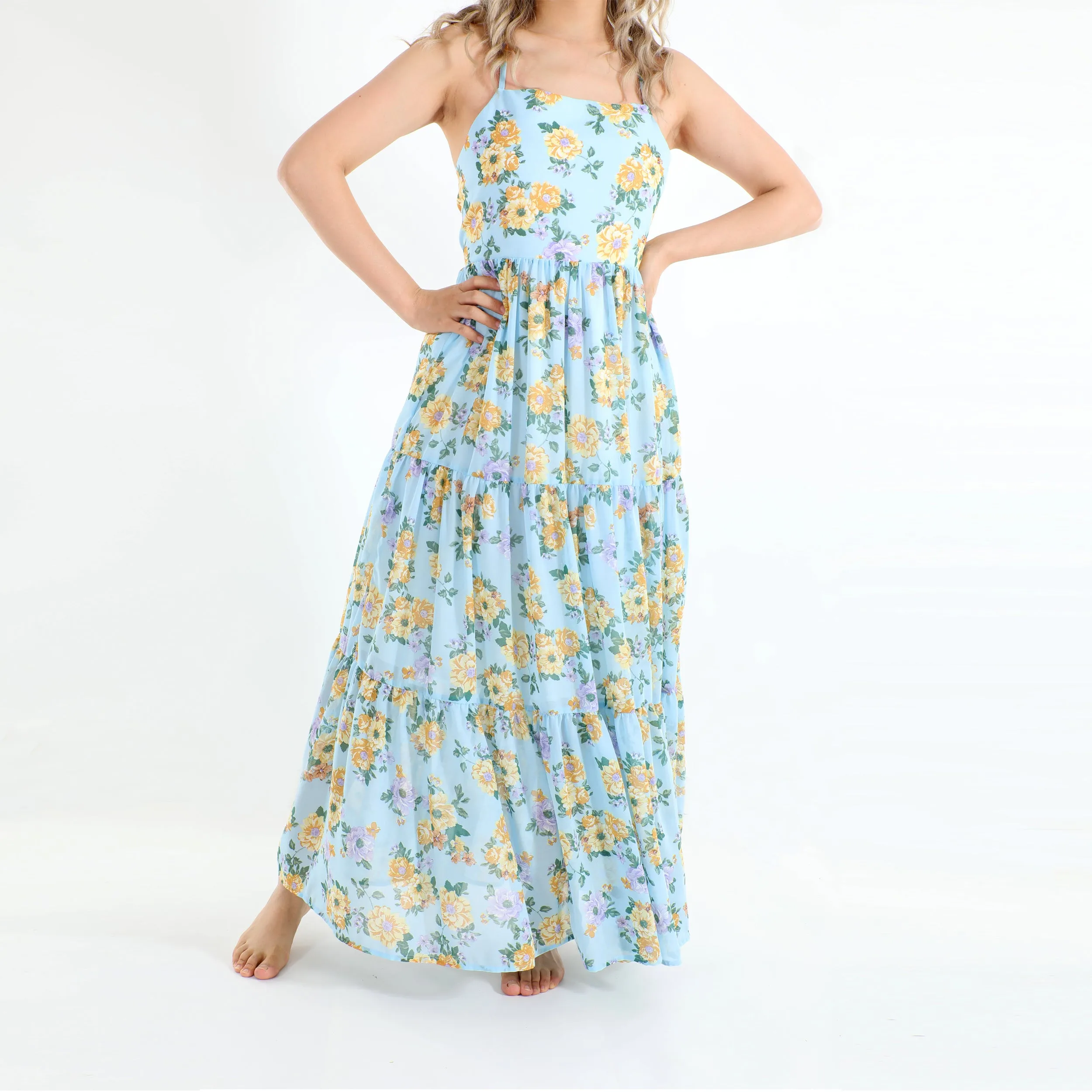 Flofallzique Girls Chiffon Dress Summer Maxi Floral  Tiered Dresses Spaghetti Strap Kids Boho Vintage Sundress