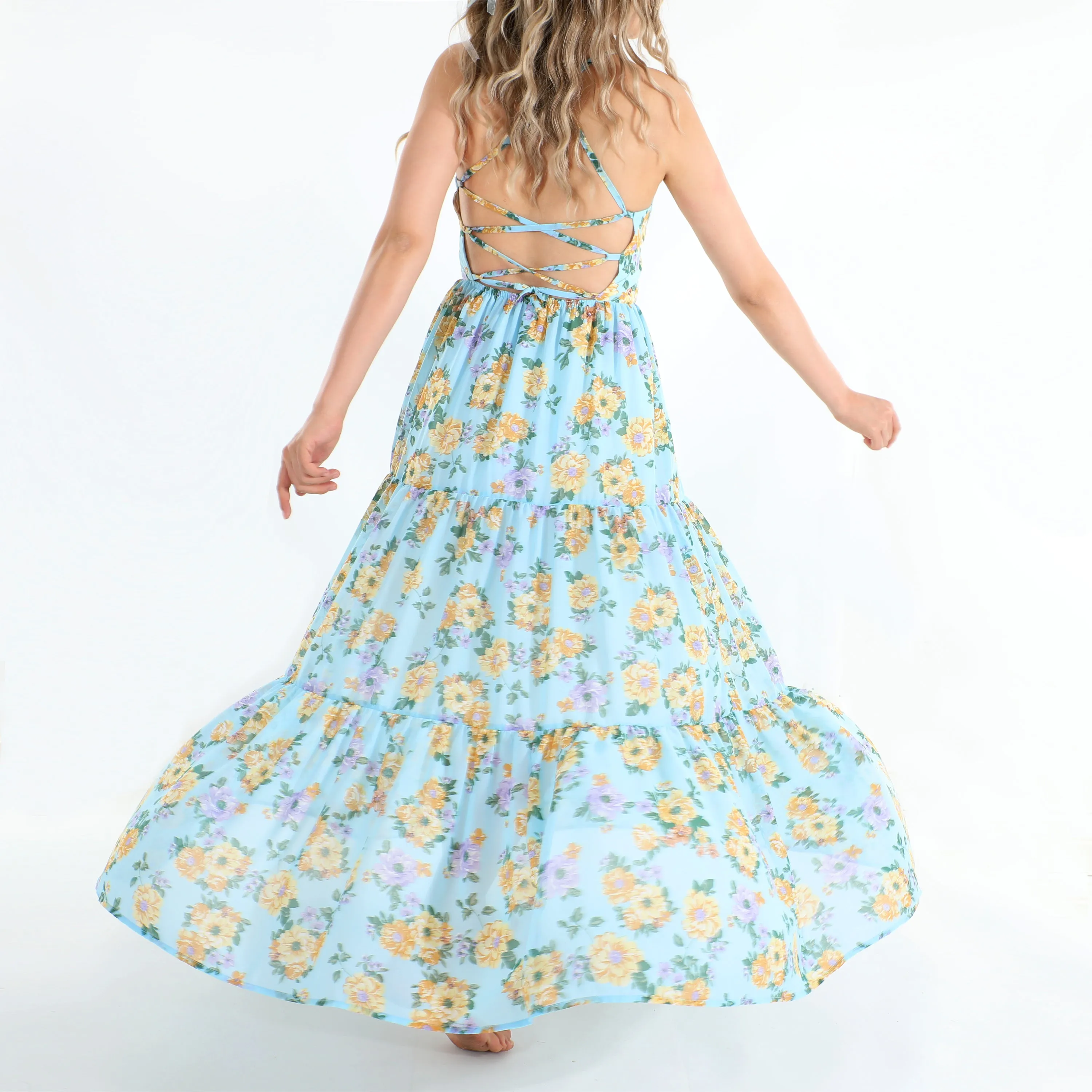 Flofallzique Girls Chiffon Dress Summer Maxi Floral  Tiered Dresses Spaghetti Strap Kids Boho Vintage Sundress
