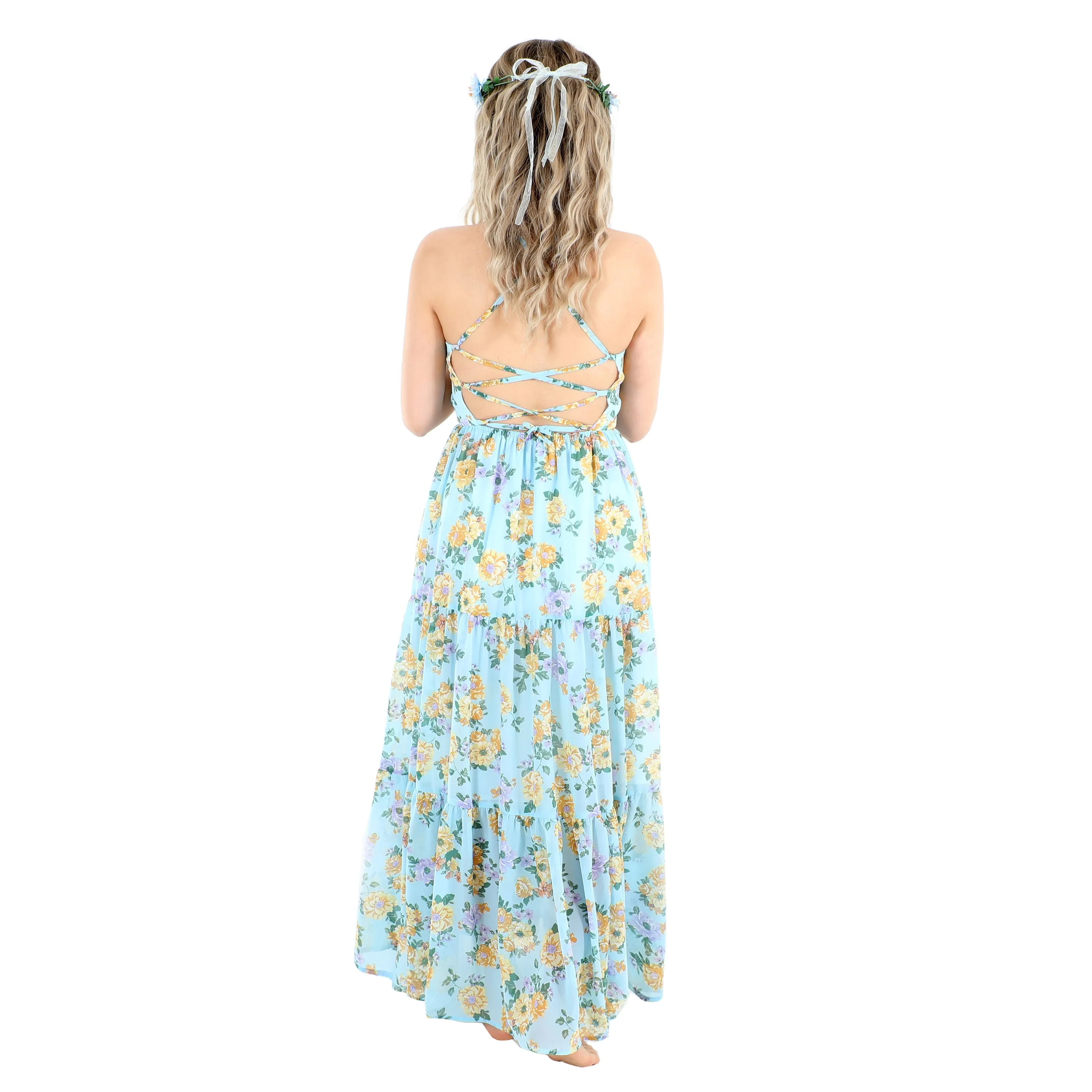 Flofallzique Girls Chiffon Dress Summer Maxi Floral  Tiered Dresses Spaghetti Strap Kids Boho Vintage Sundress