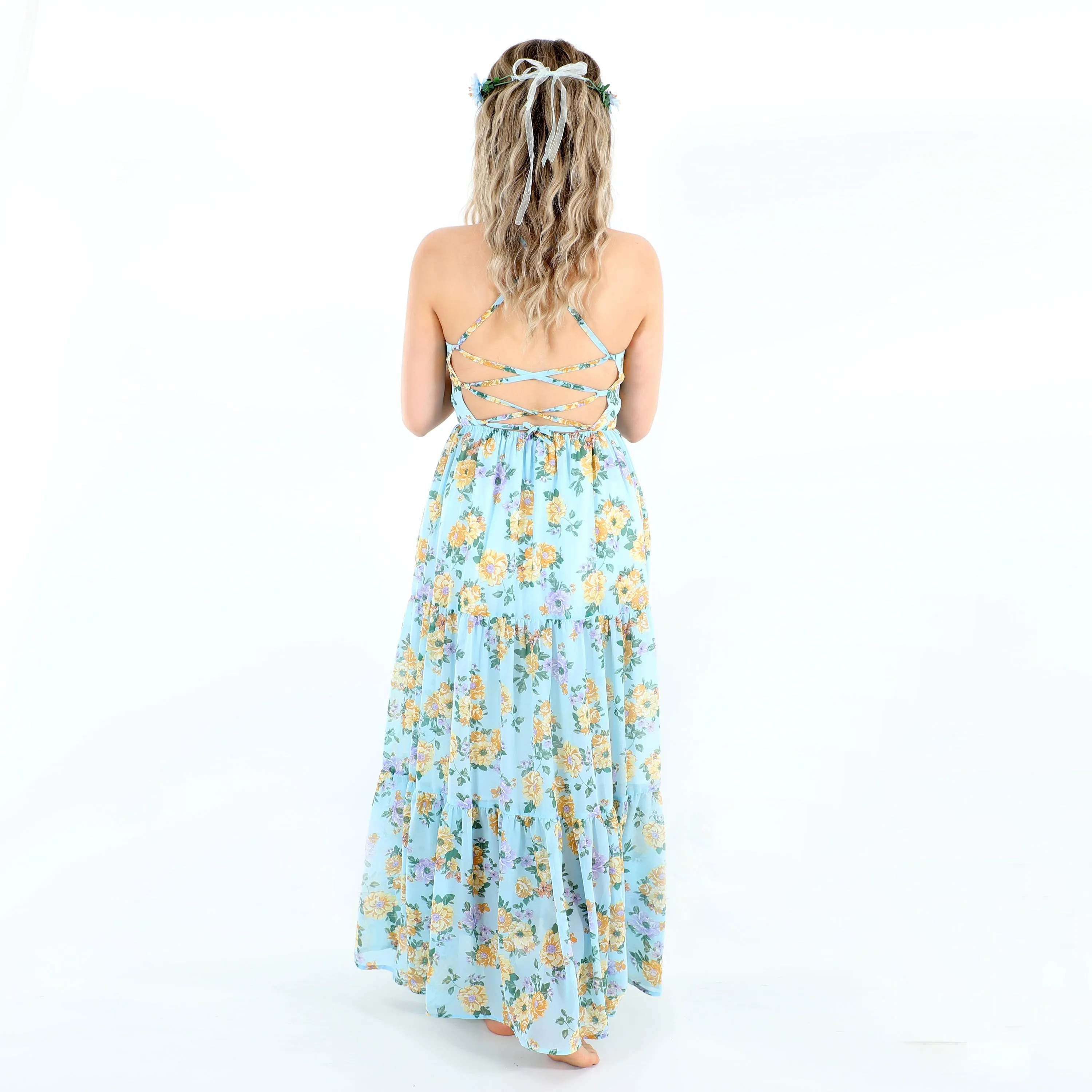 Flofallzique Girls Chiffon Dress Summer Maxi Floral  Tiered Dresses Spaghetti Strap Kids Boho Vintage Sundress