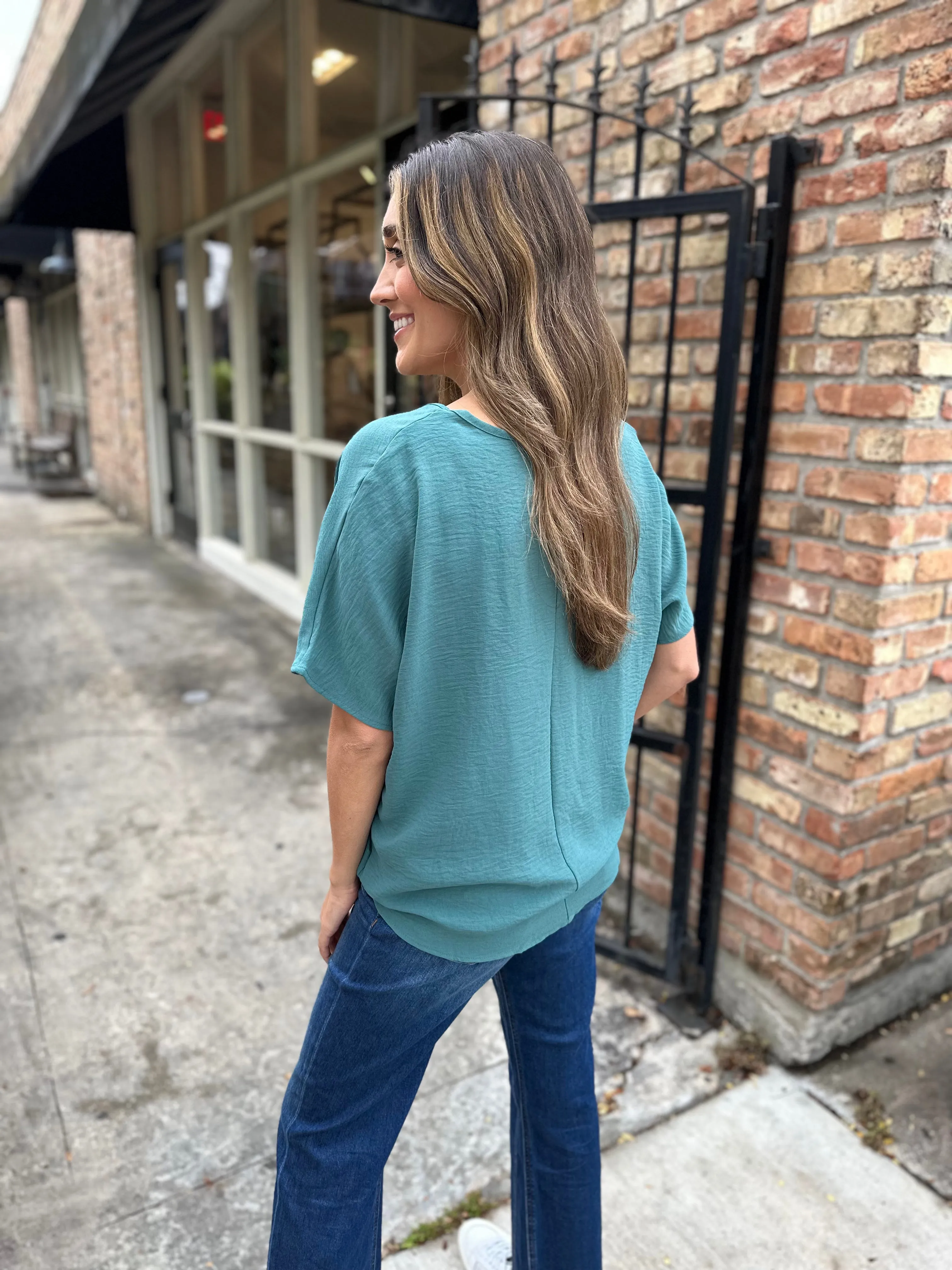 Flowy V Blouse- Forest Green