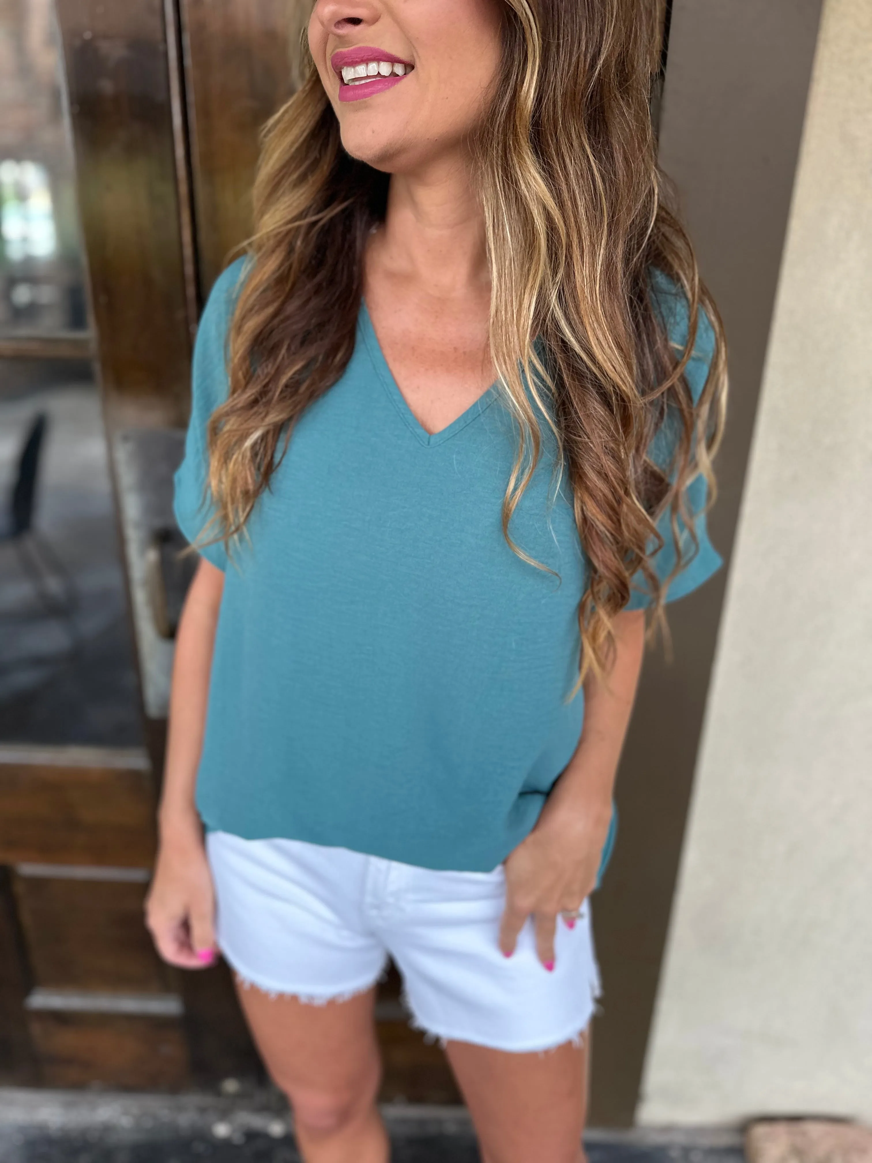 Flowy V Blouse- Forest Green