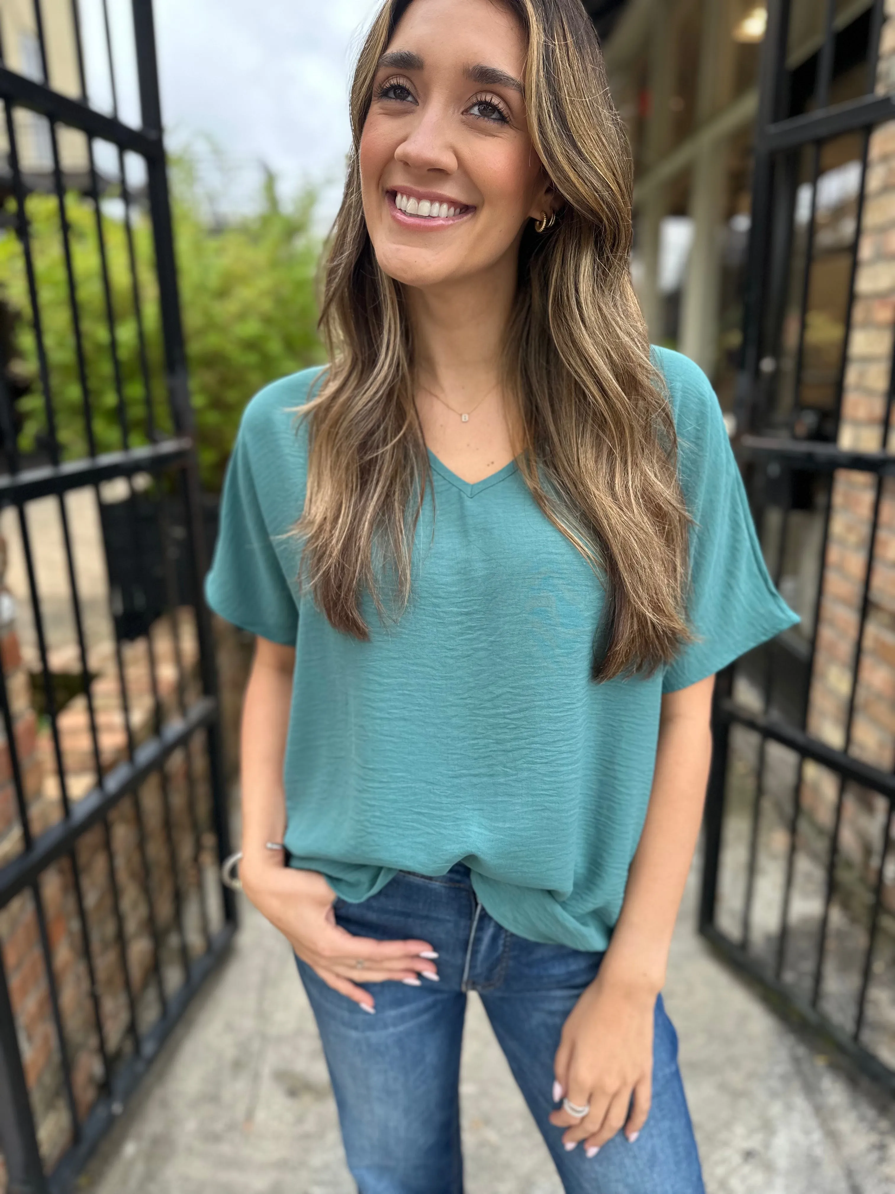 Flowy V Blouse- Forest Green