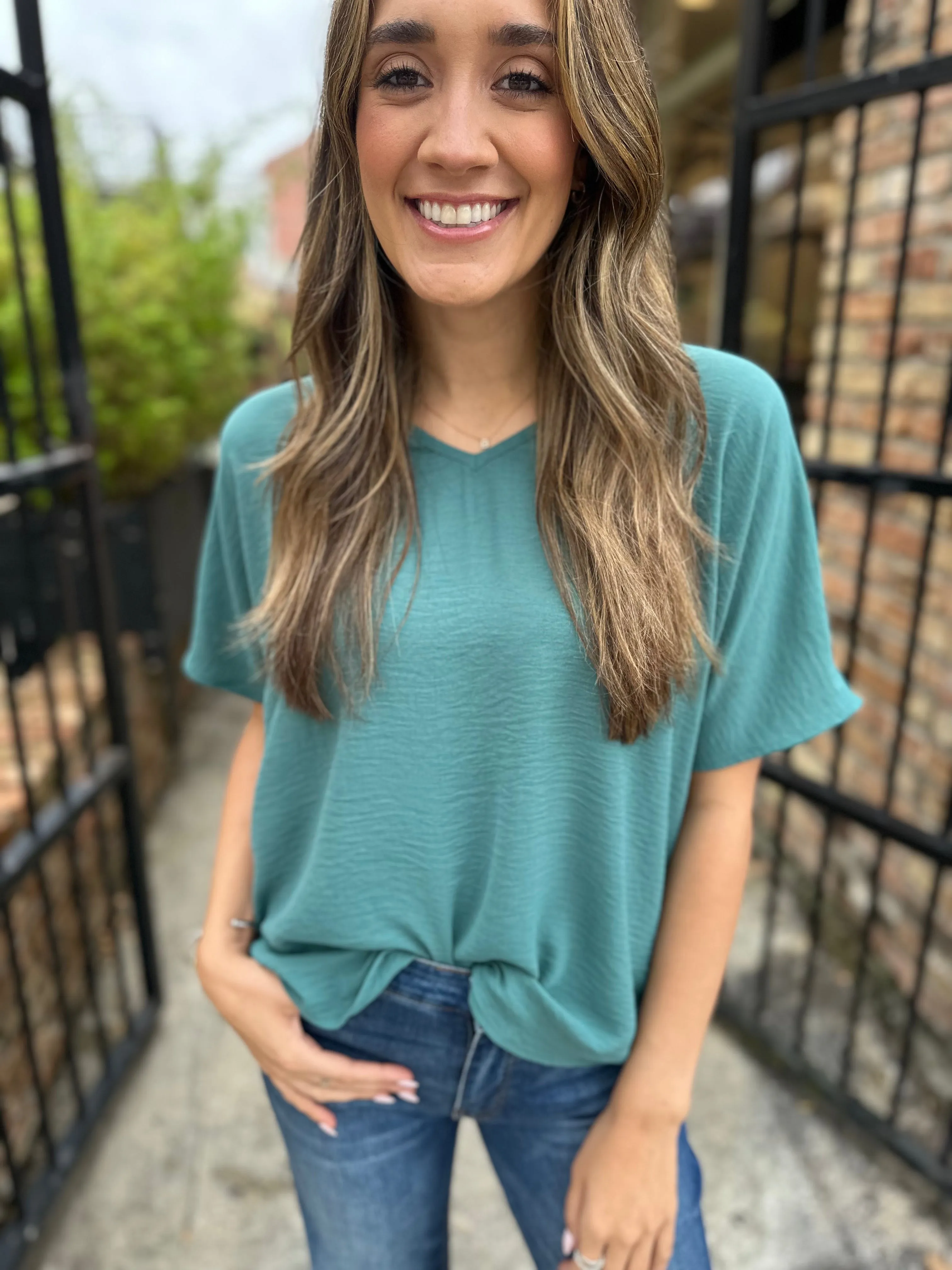 Flowy V Blouse- Forest Green