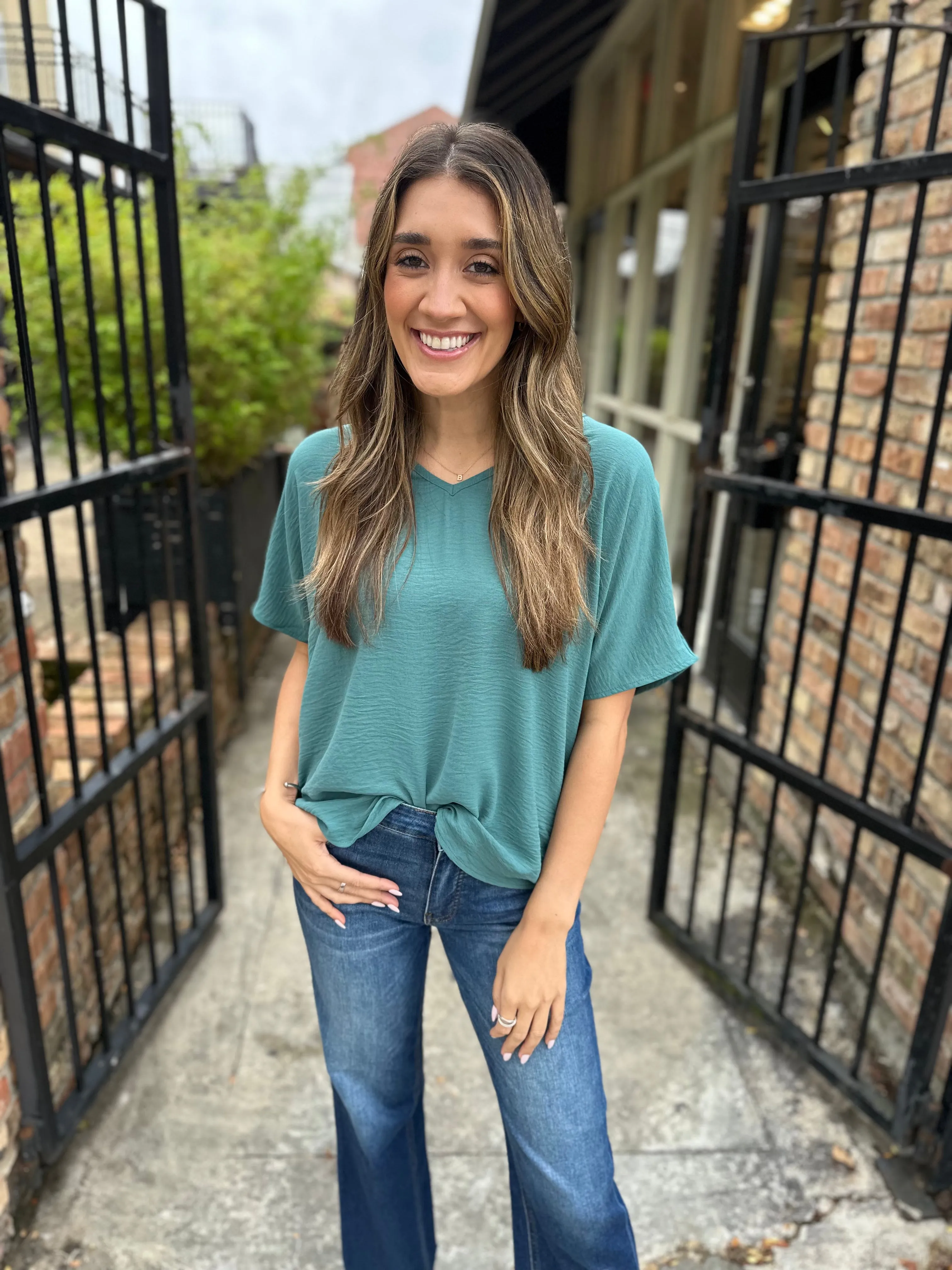Flowy V Blouse- Forest Green