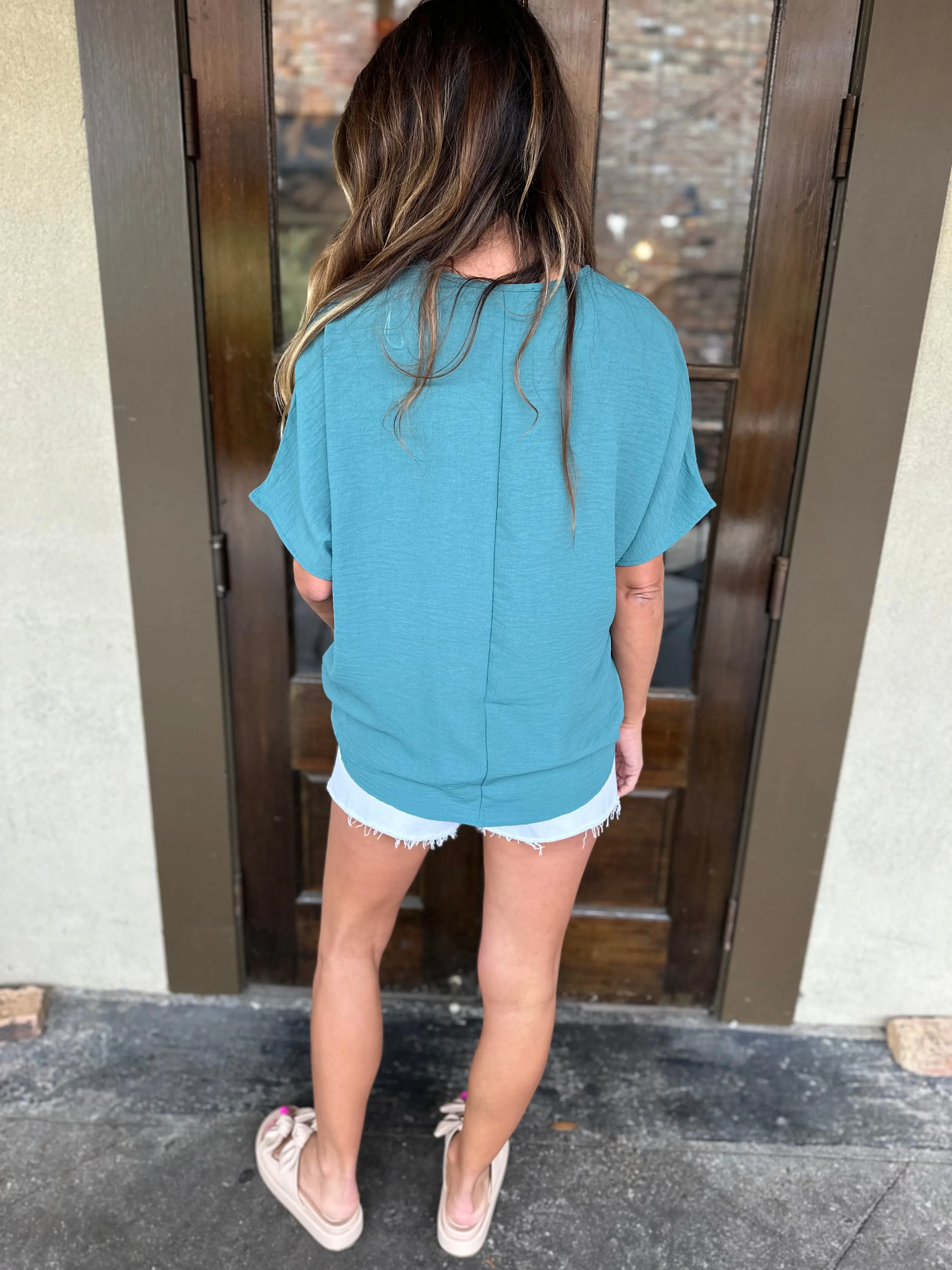 Flowy V Blouse- Forest Green
