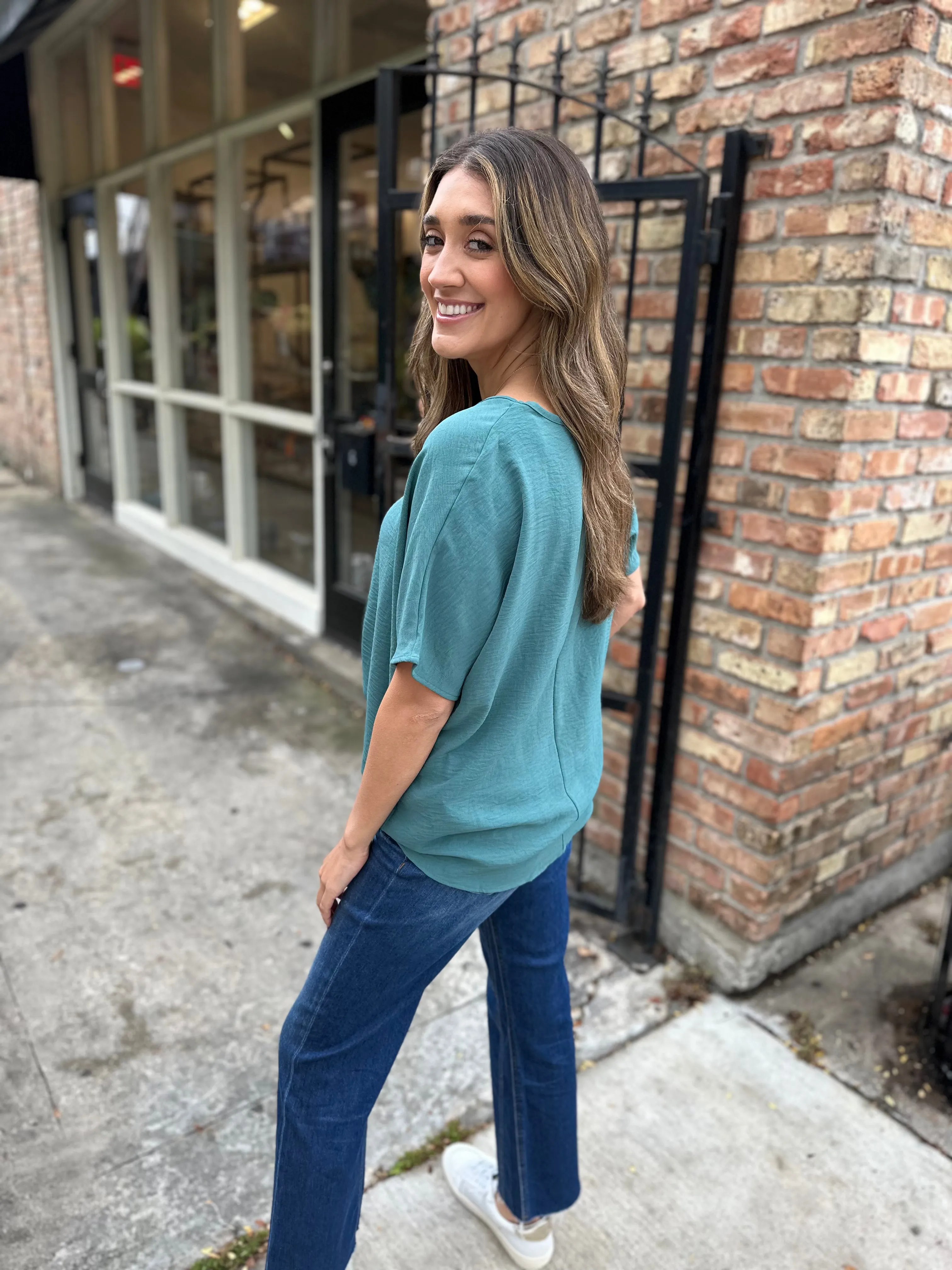 Flowy V Blouse- Forest Green