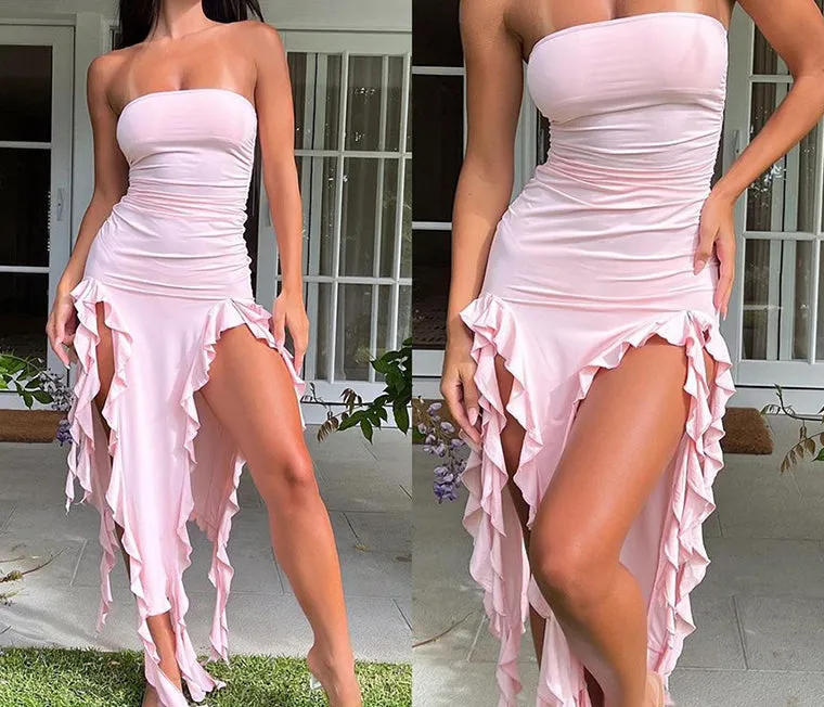 Flytonn- Ruffle High Slit Tube Dress