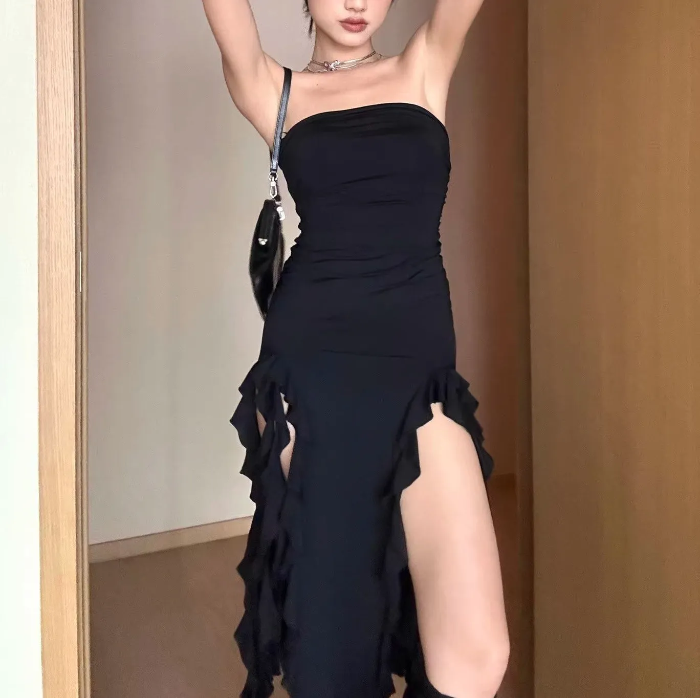 Flytonn- Ruffle High Slit Tube Dress