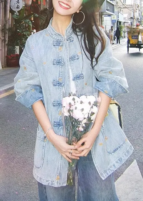 French Make Old Blue Button Pockets Denim Coats Long Sleeve QA1042