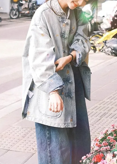 French Make Old Blue Button Pockets Denim Coats Long Sleeve QA1042