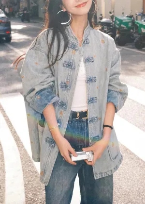 French Make Old Blue Button Pockets Denim Coats Long Sleeve QA1042