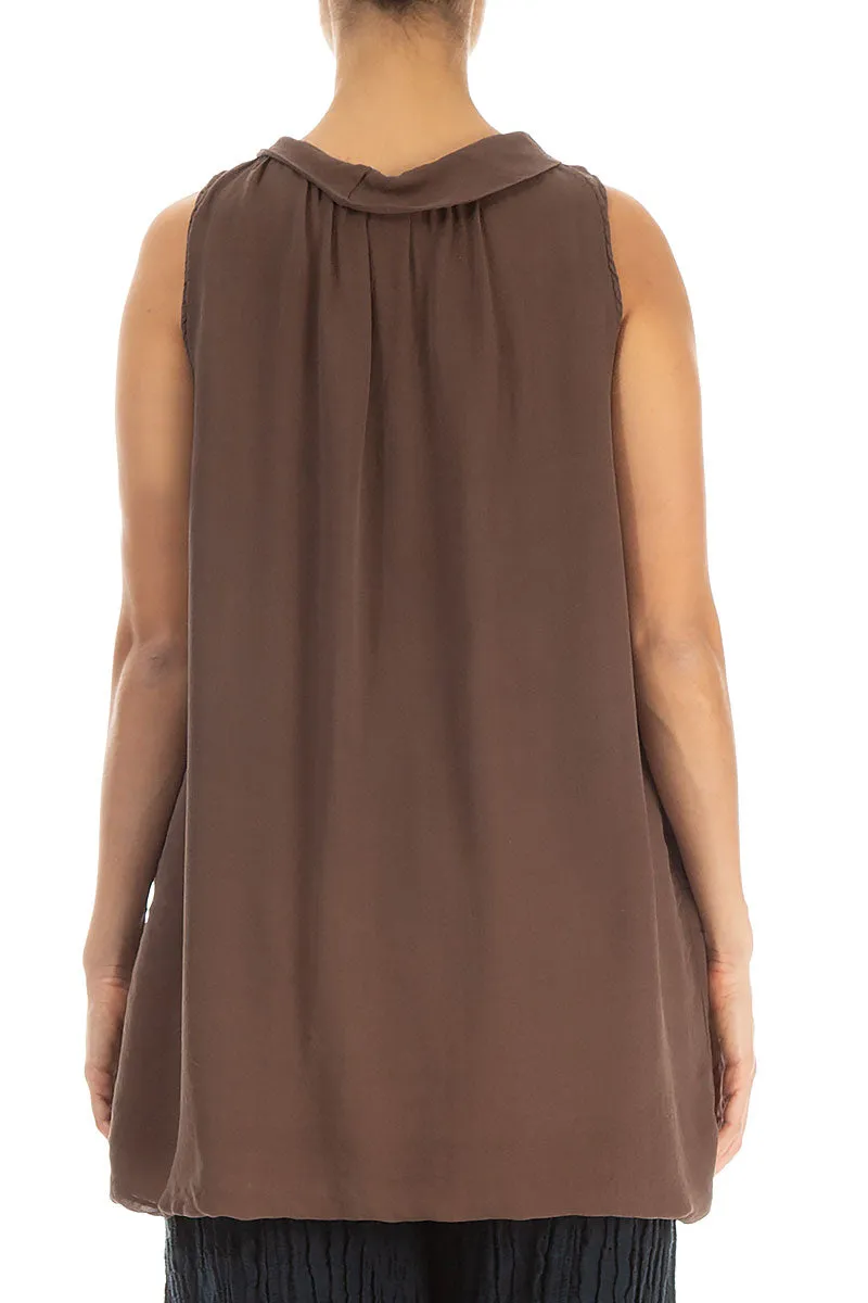 Gathered Neck Brown Silk Blouse