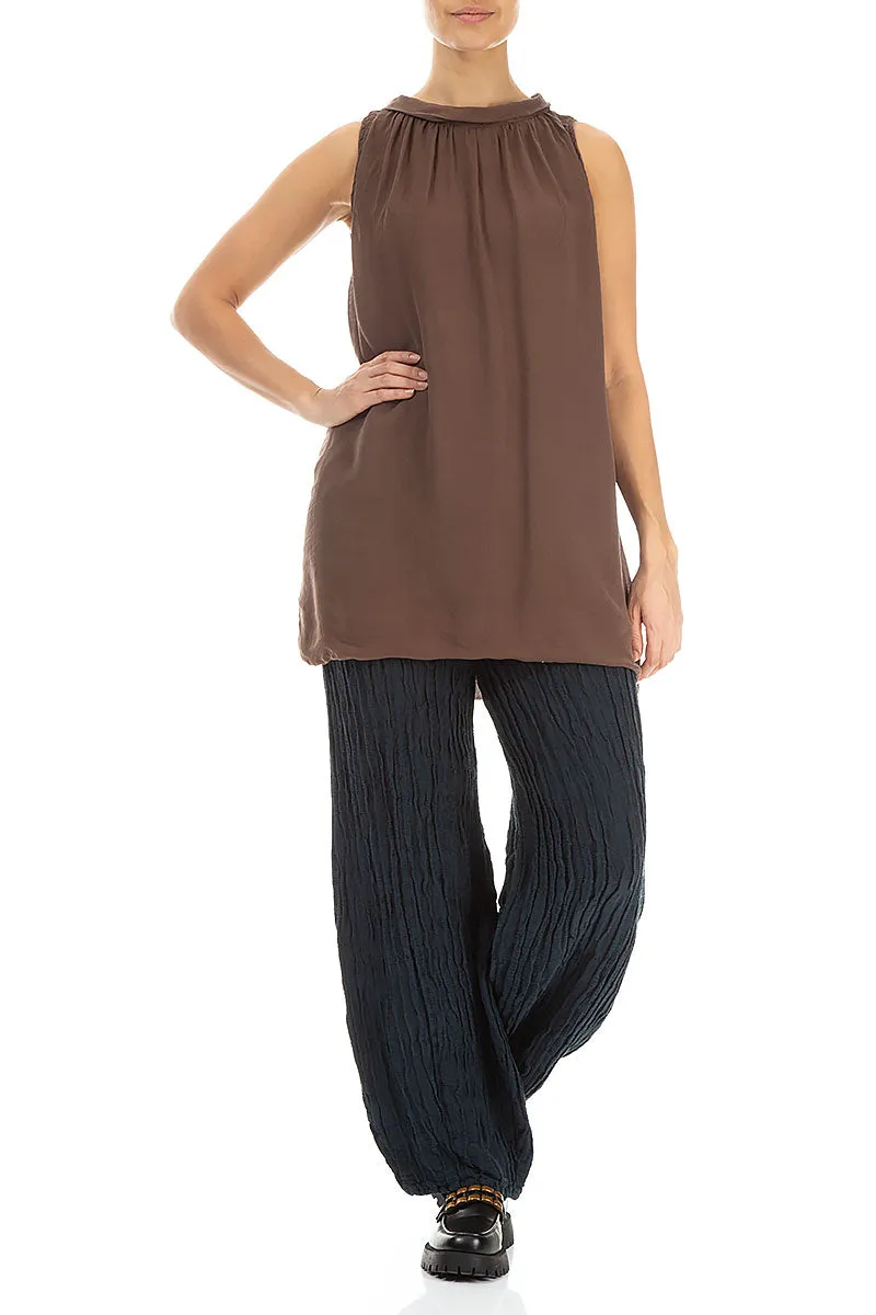 Gathered Neck Brown Silk Blouse