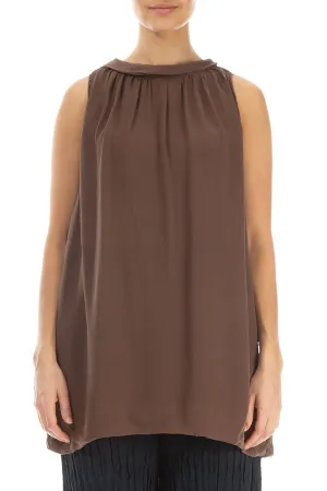 Gathered Neck Brown Silk Blouse