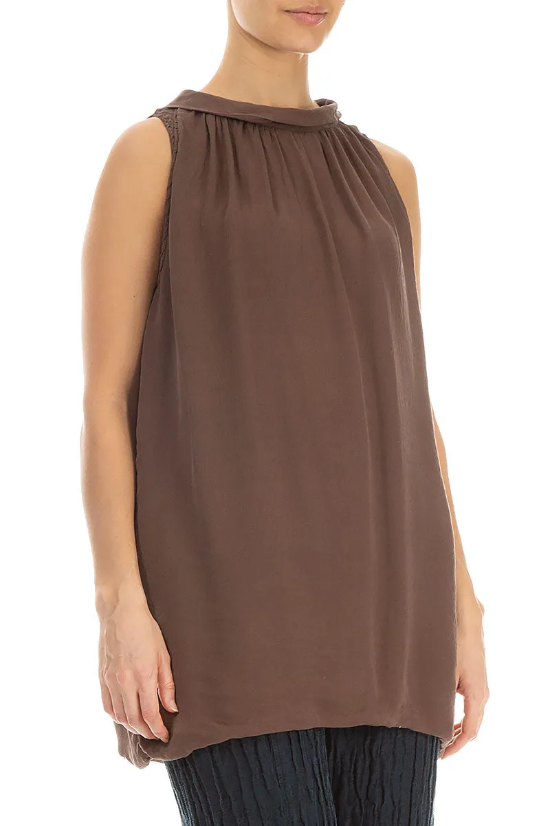 Gathered Neck Brown Silk Blouse
