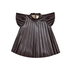 Girls Faux Leather Pleated Dress - Brown