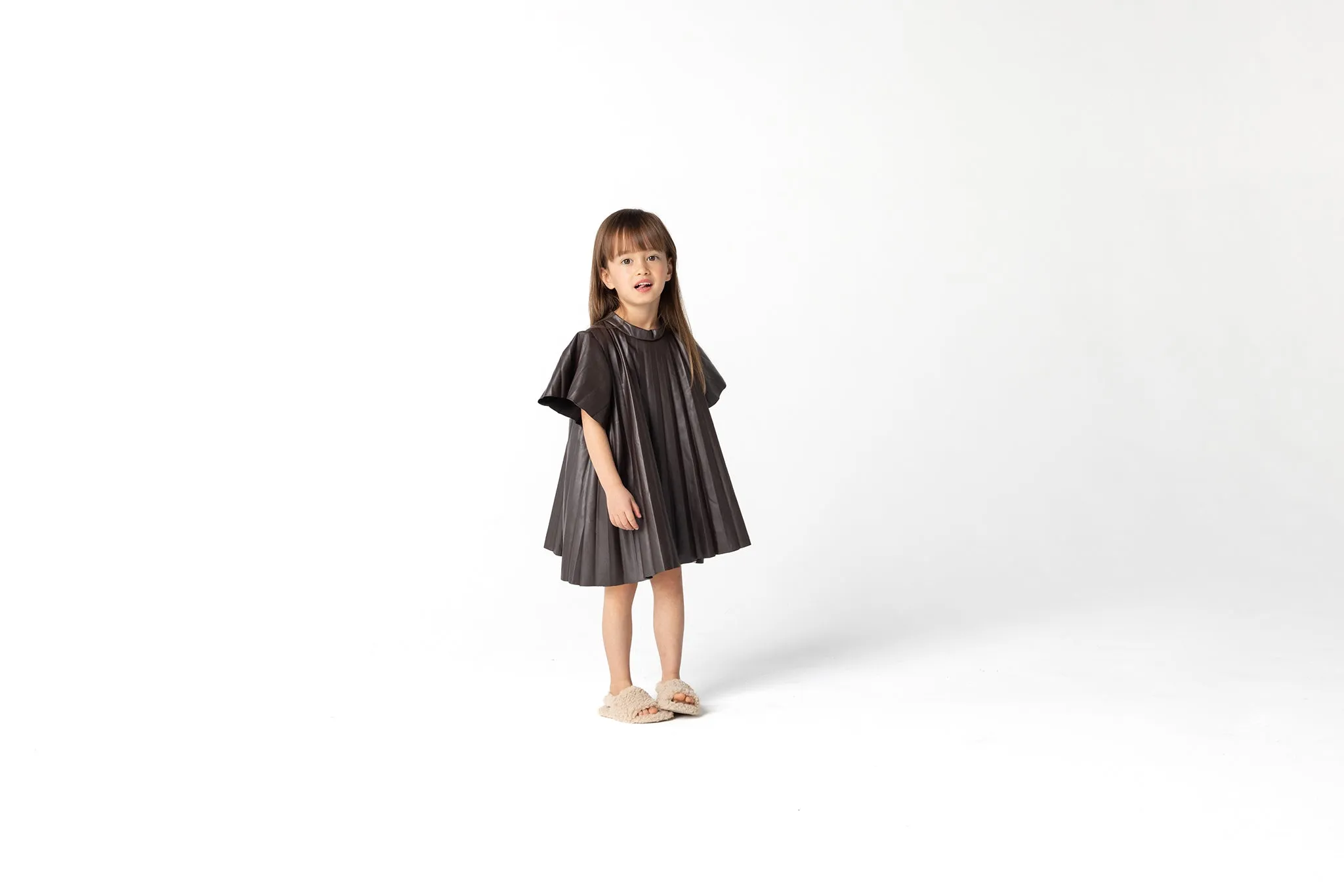 Girls Faux Leather Pleated Dress - Brown