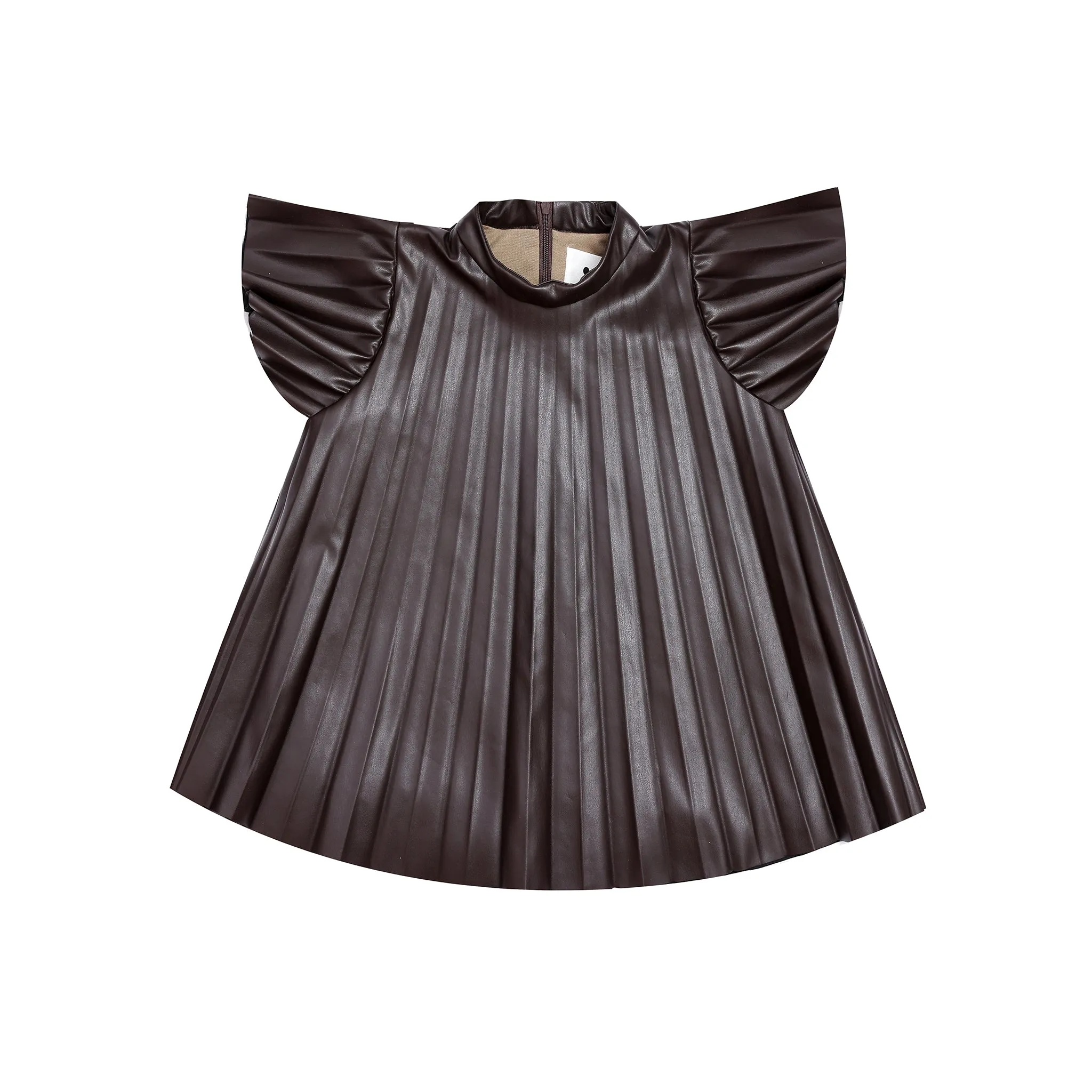Girls Faux Leather Pleated Dress - Brown