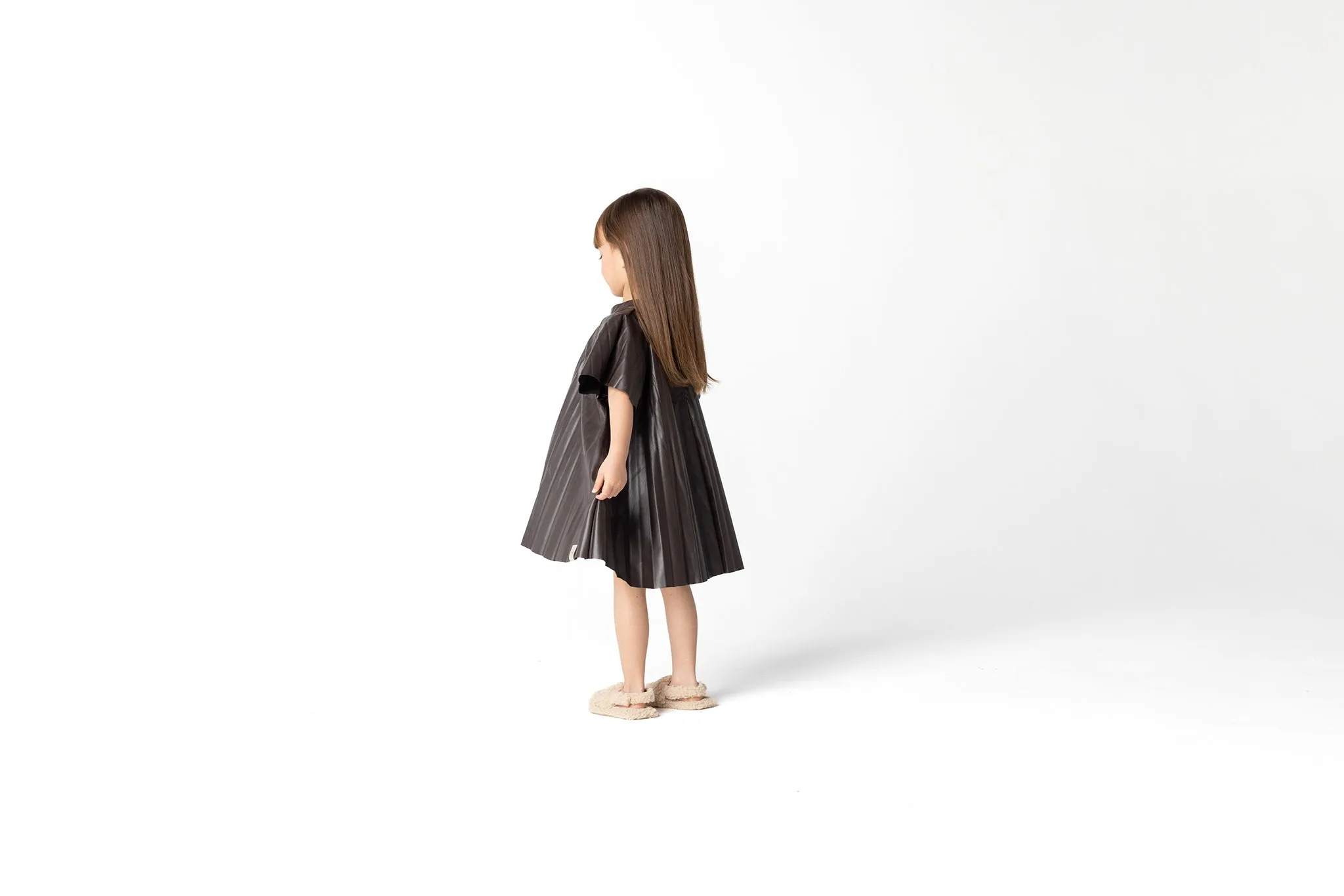 Girls Faux Leather Pleated Dress - Brown