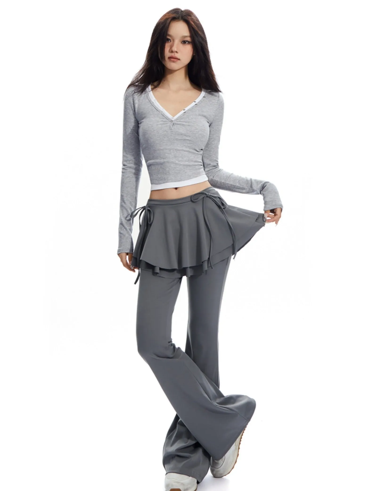 Heather Gray Lace-Trim Henley Crop