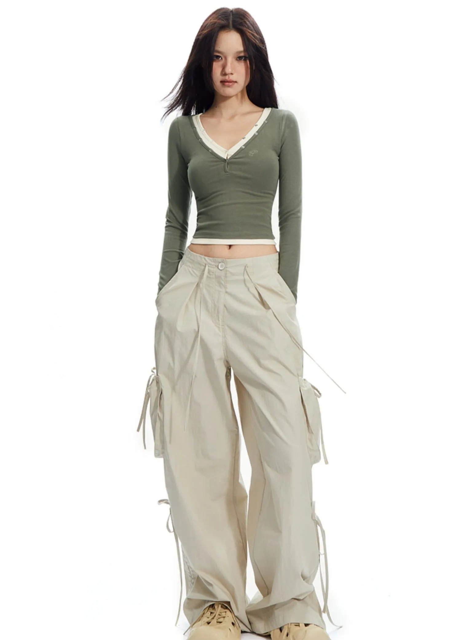 Heather Gray Lace-Trim Henley Crop