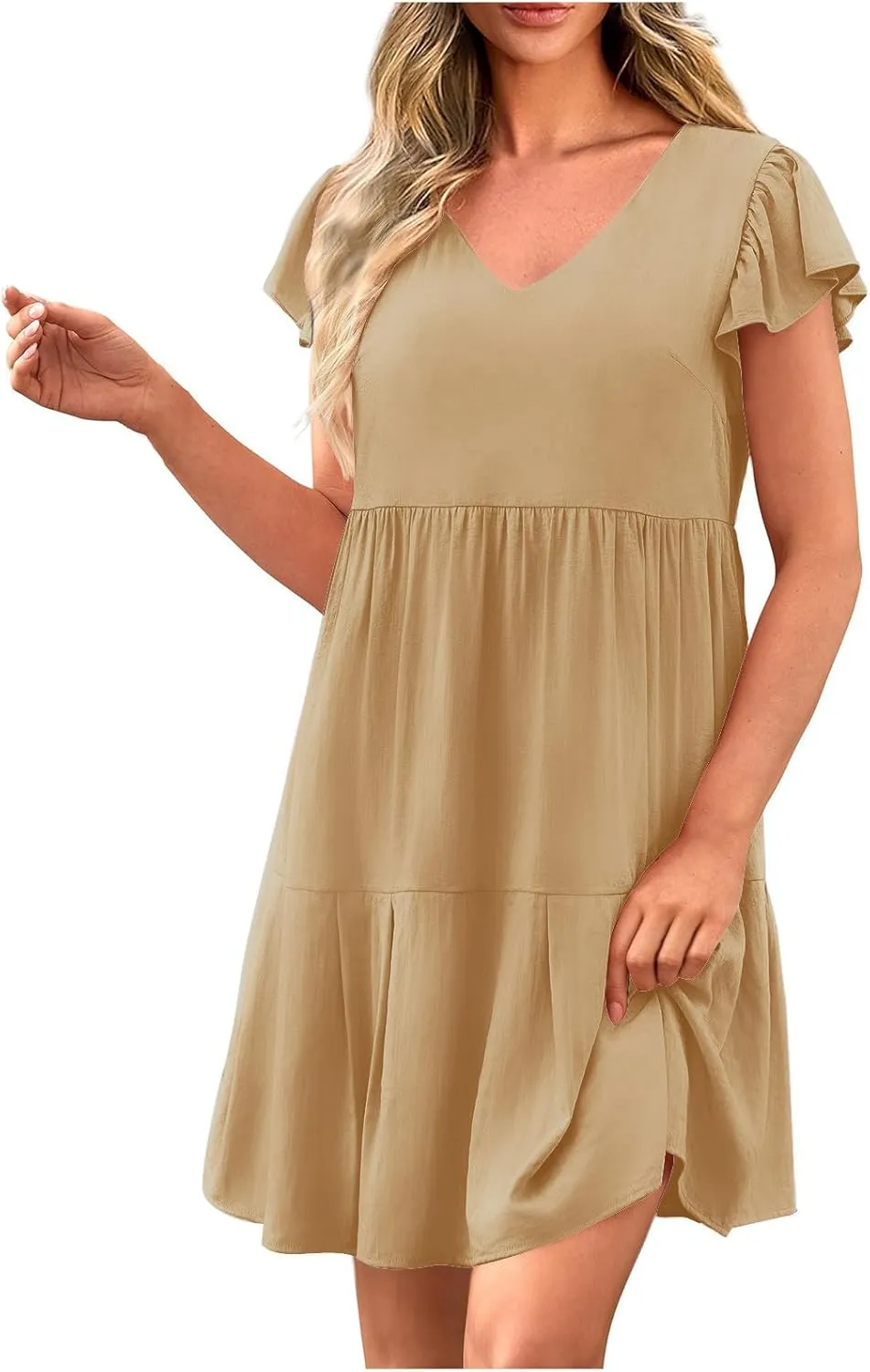 hlysgo Women's 2024 Summer Short Dress V Neck Flutter Sleeve Tiered Ruffle Dresses Casual Loose Cute Mini Dress