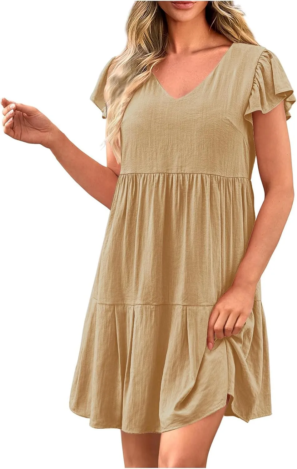 hlysgo Women's 2024 Summer Short Dress V Neck Flutter Sleeve Tiered Ruffle Dresses Casual Loose Cute Mini Dress