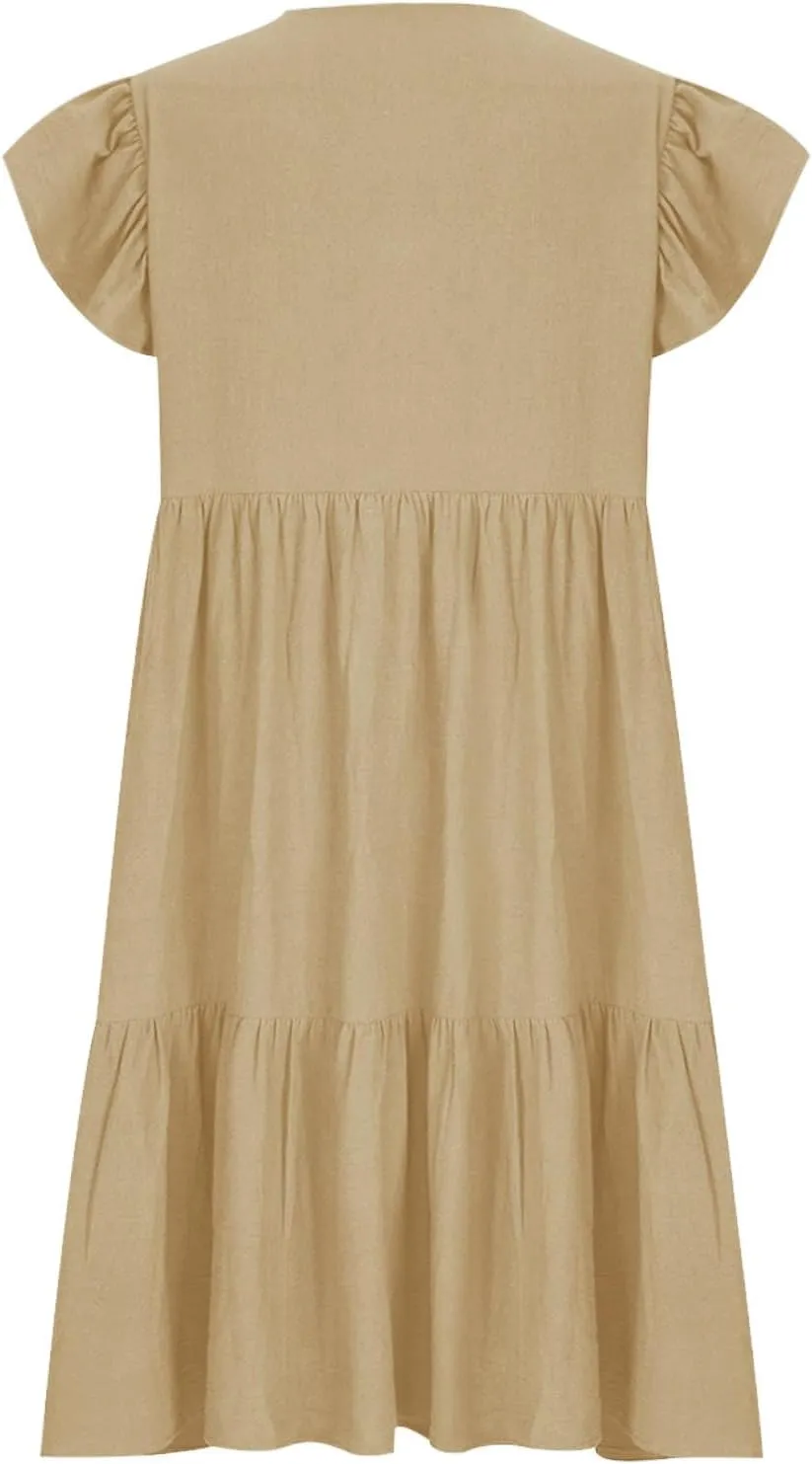 hlysgo Women's 2024 Summer Short Dress V Neck Flutter Sleeve Tiered Ruffle Dresses Casual Loose Cute Mini Dress