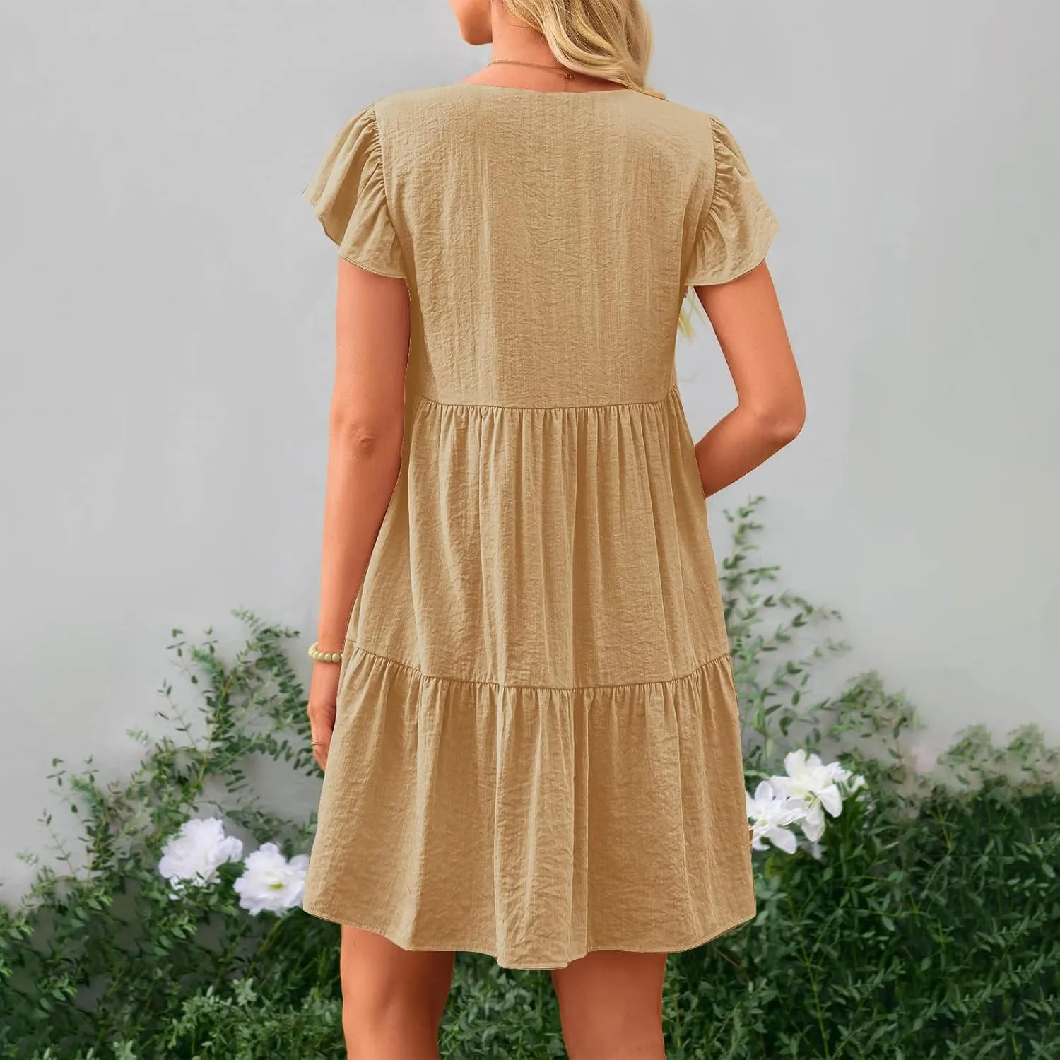 hlysgo Women's 2024 Summer Short Dress V Neck Flutter Sleeve Tiered Ruffle Dresses Casual Loose Cute Mini Dress