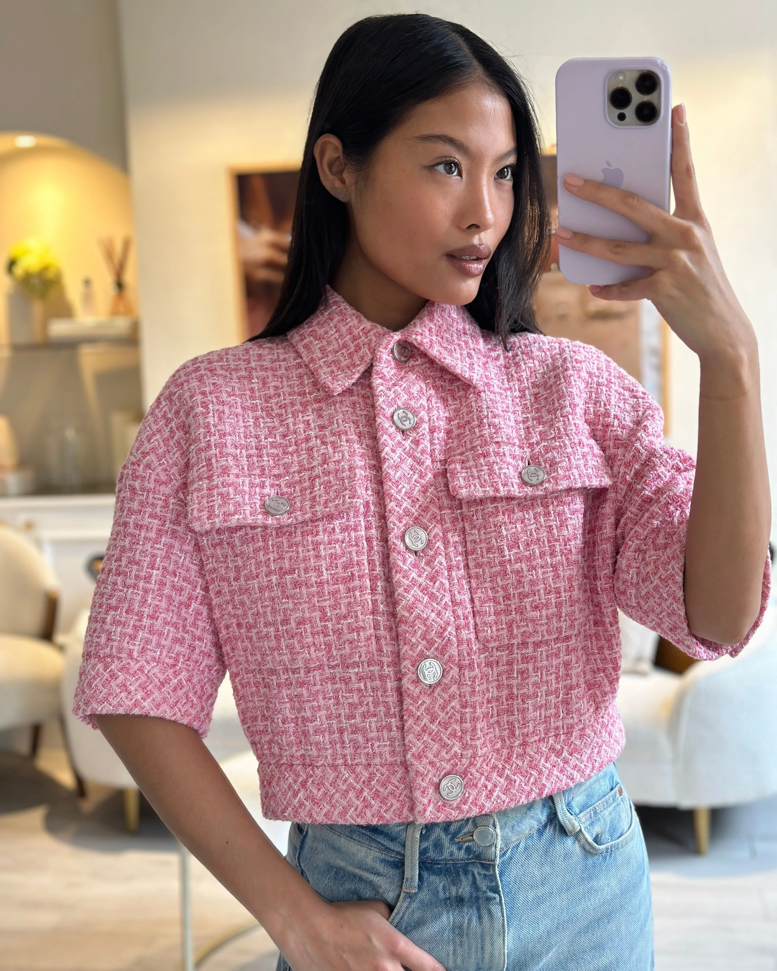 *hot*trendy Inspired  Chanel 2023 Cropped Pink Short Sleeve Tweed Jacket With Silver Cc Buttons Size Fr 36 (uk 8)