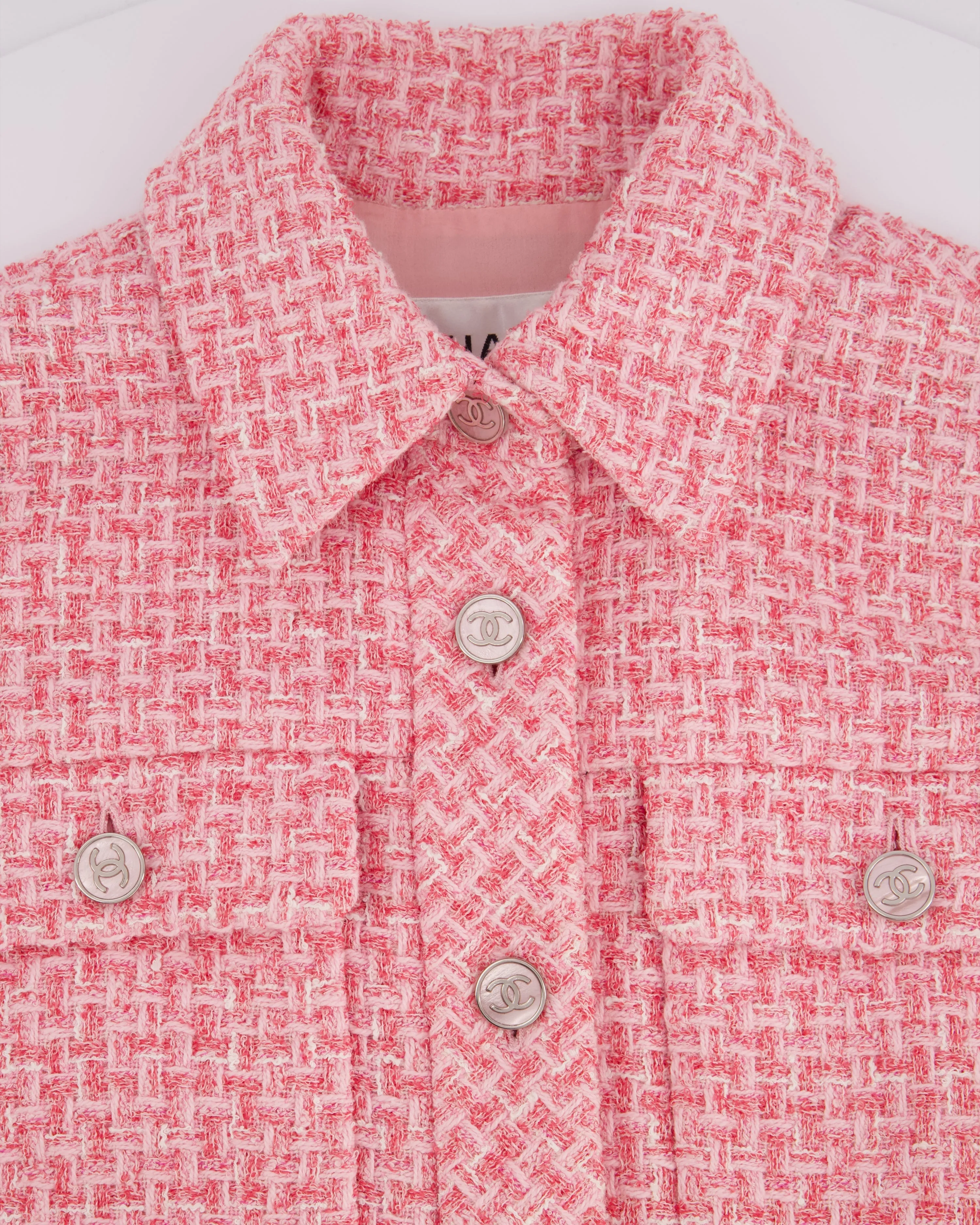 *hot*trendy Inspired  Chanel 2023 Cropped Pink Short Sleeve Tweed Jacket With Silver Cc Buttons Size Fr 36 (uk 8)