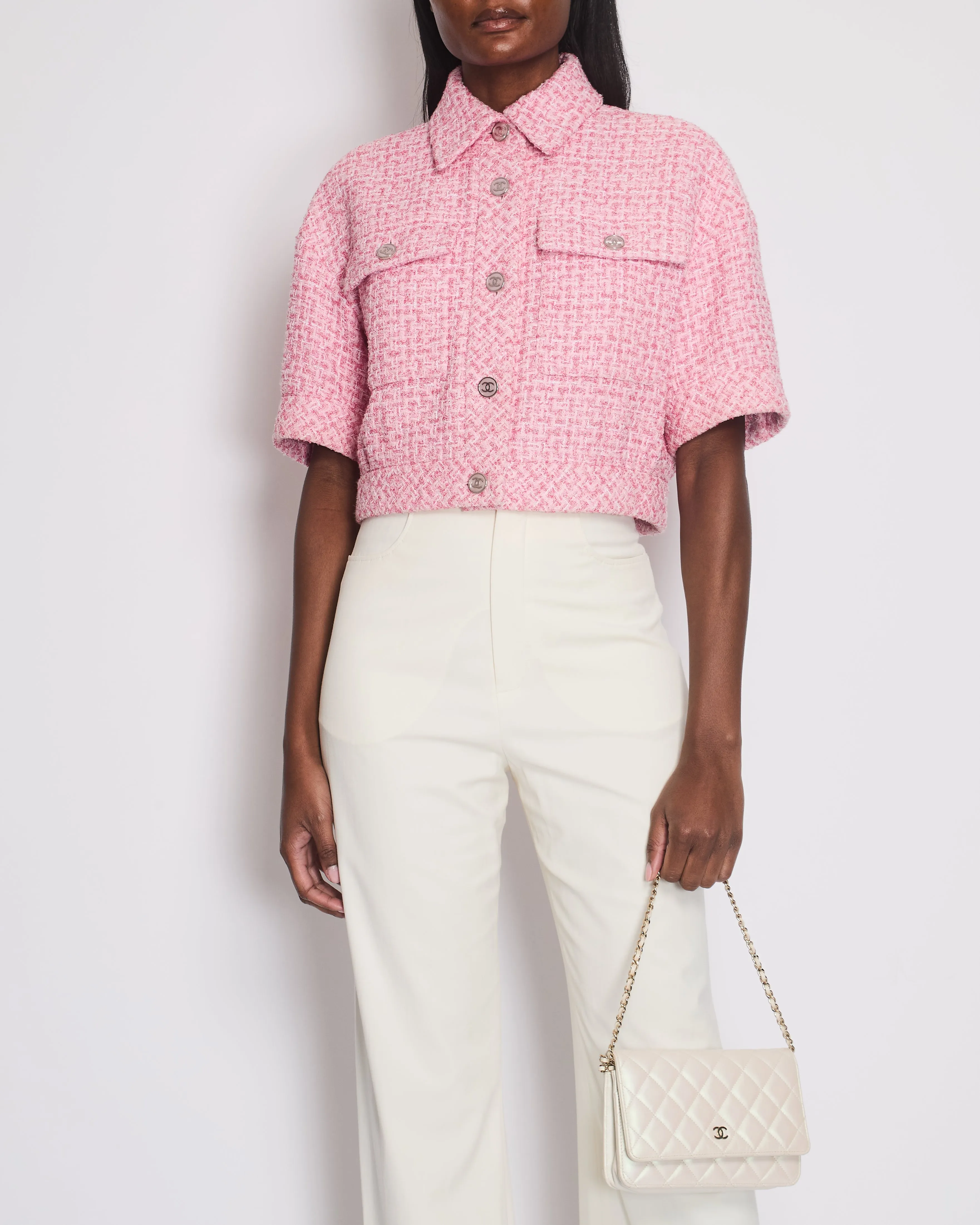 *hot*trendy Inspired  Chanel 2023 Cropped Pink Short Sleeve Tweed Jacket With Silver Cc Buttons Size Fr 36 (uk 8)