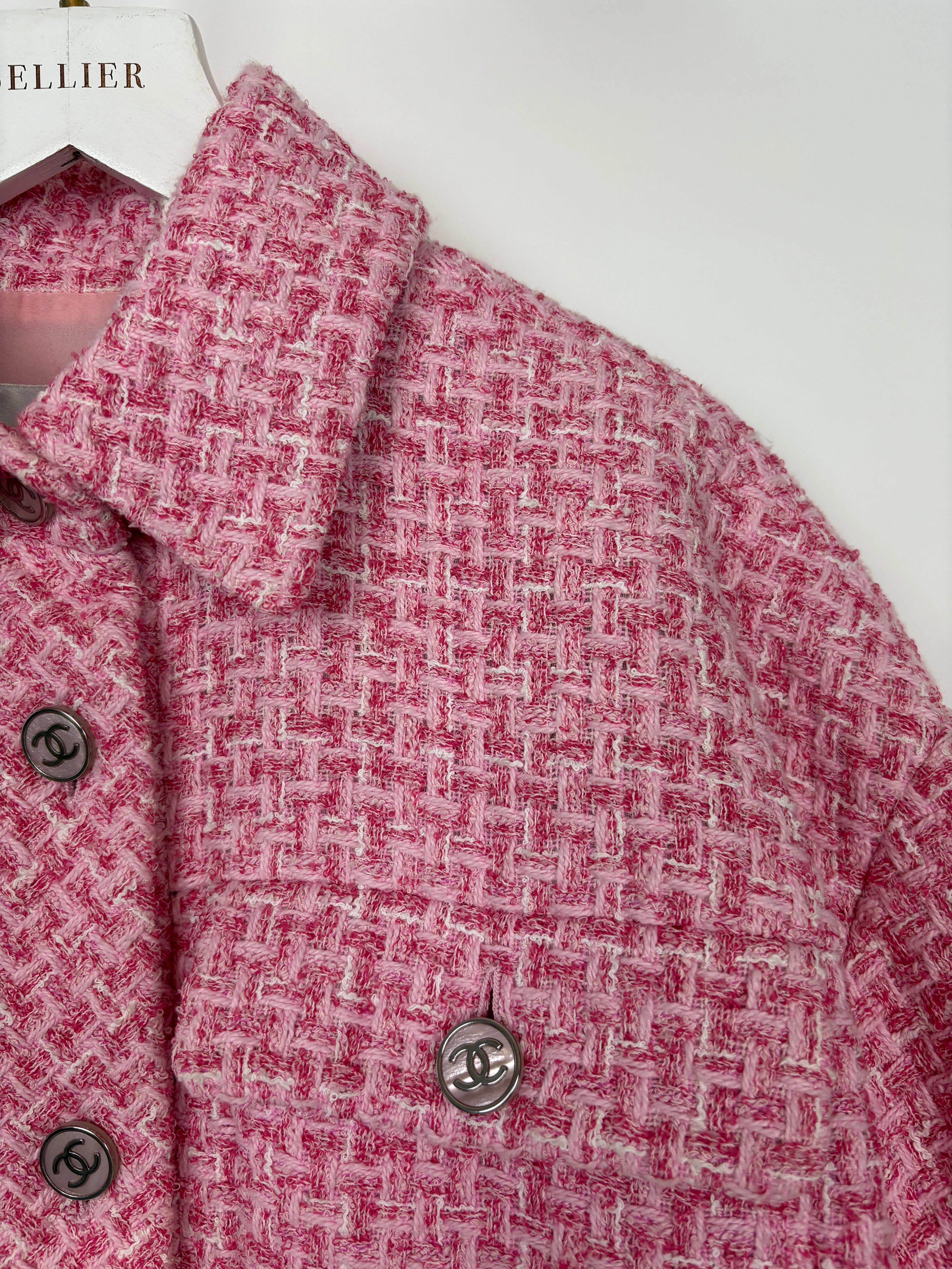 *hot*trendy Inspired  Chanel 2023 Cropped Pink Short Sleeve Tweed Jacket With Silver Cc Buttons Size Fr 36 (uk 8)
