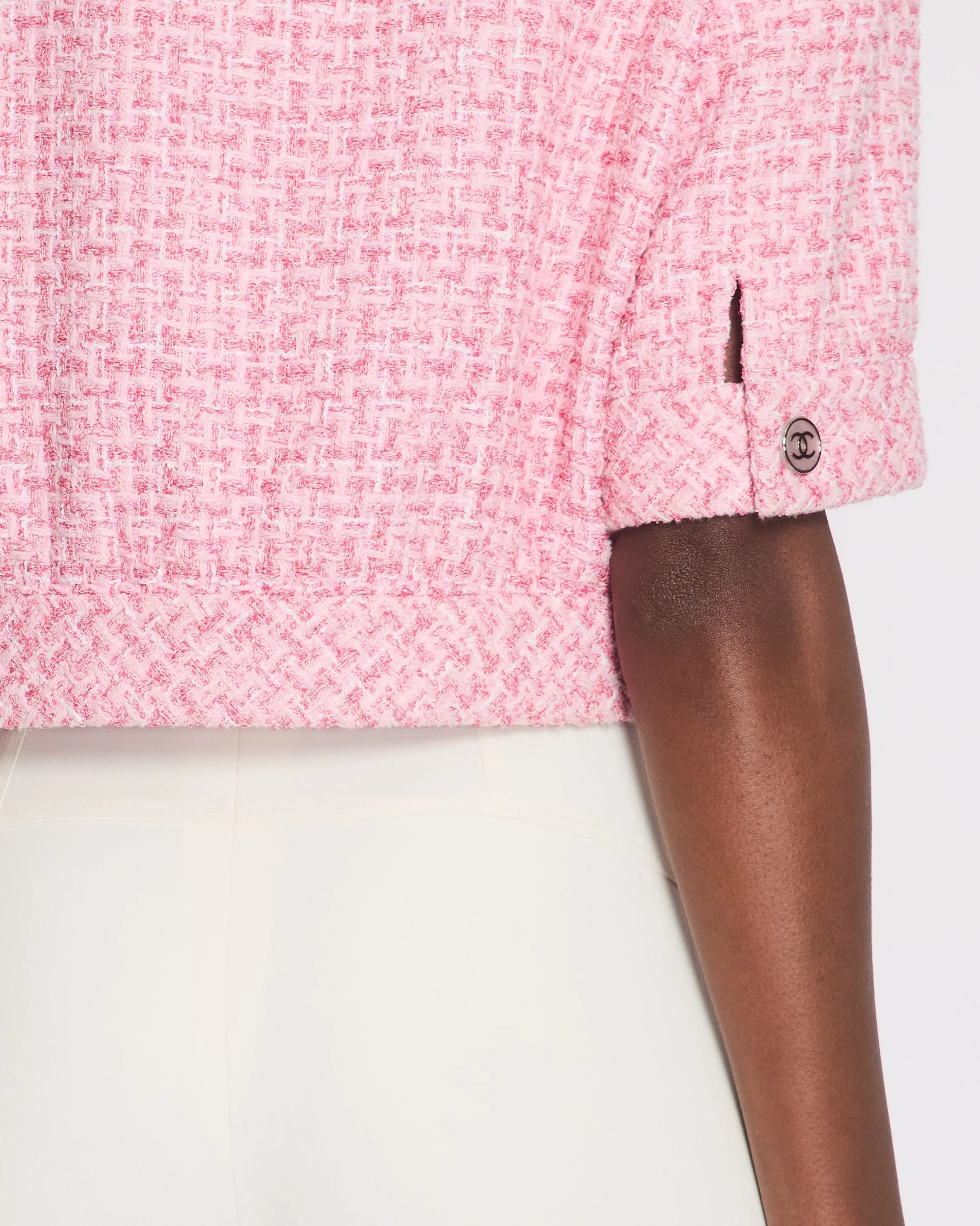 *hot*trendy Inspired  Chanel 2023 Cropped Pink Short Sleeve Tweed Jacket With Silver Cc Buttons Size Fr 36 (uk 8)