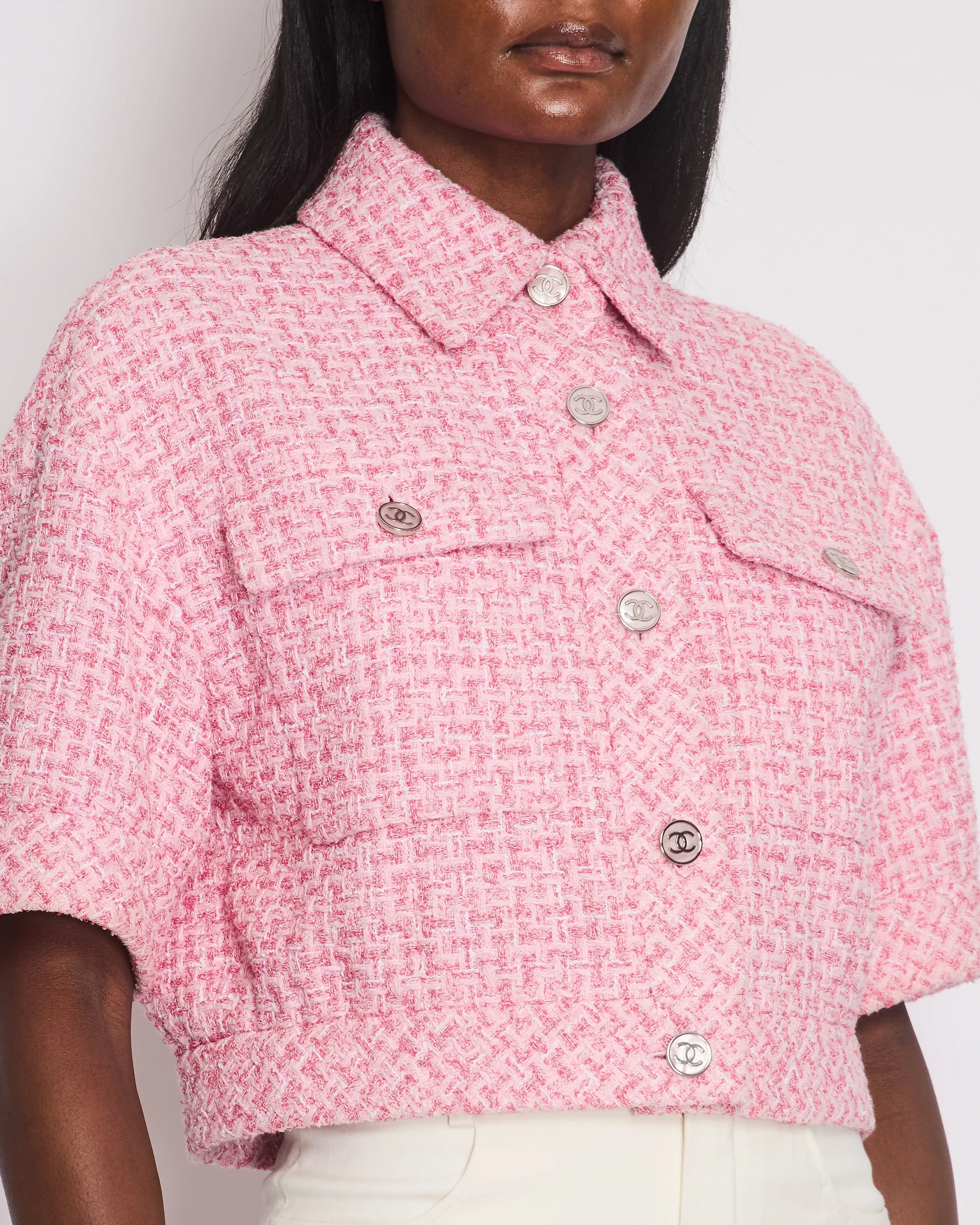 *hot*trendy Inspired  Chanel 2023 Cropped Pink Short Sleeve Tweed Jacket With Silver Cc Buttons Size Fr 36 (uk 8)