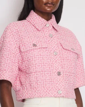 *hot*trendy Inspired  Chanel 2023 Cropped Pink Short Sleeve Tweed Jacket With Silver Cc Buttons Size Fr 36 (uk 8)
