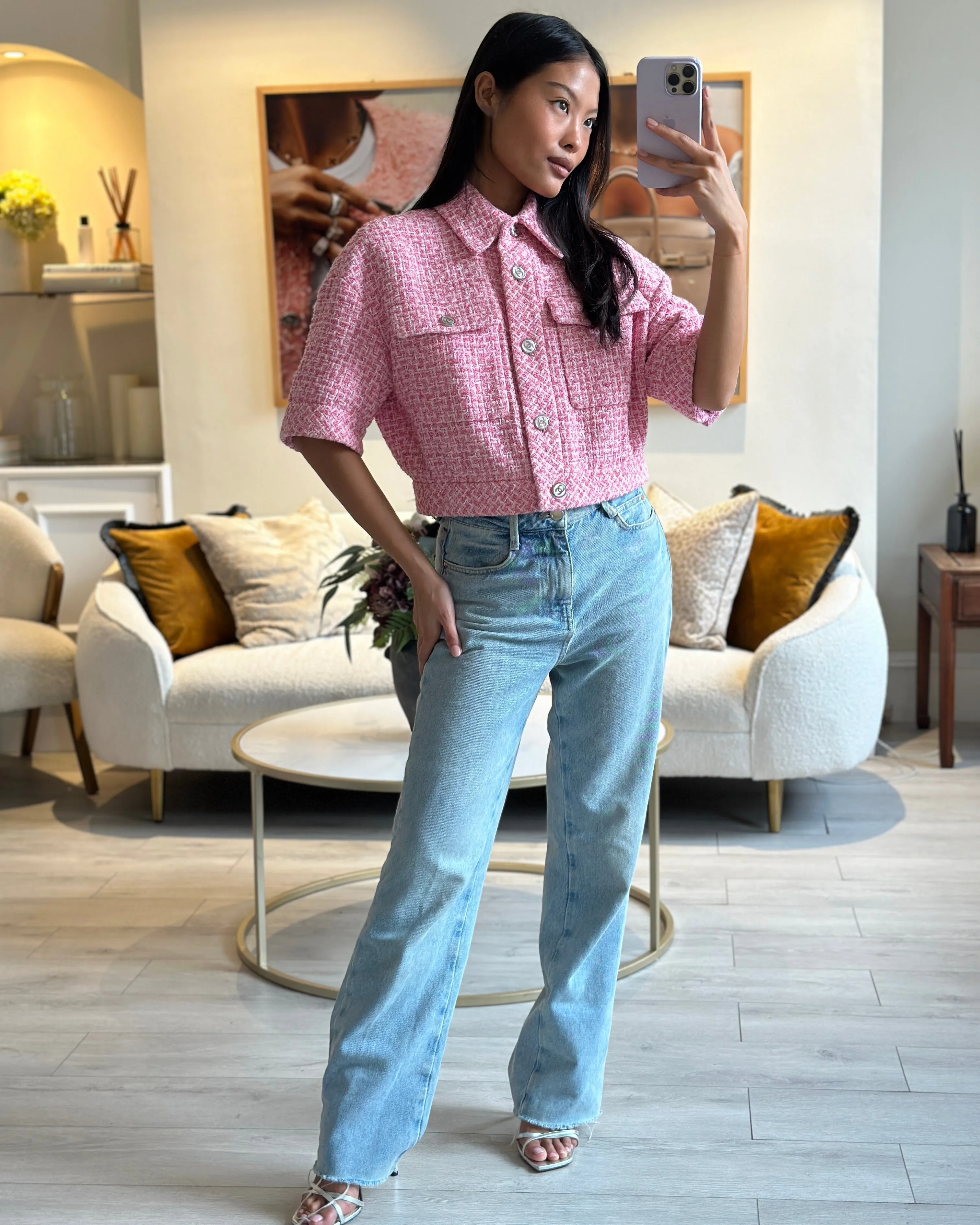 *hot*trendy Inspired  Chanel 2023 Cropped Pink Short Sleeve Tweed Jacket With Silver Cc Buttons Size Fr 36 (uk 8)