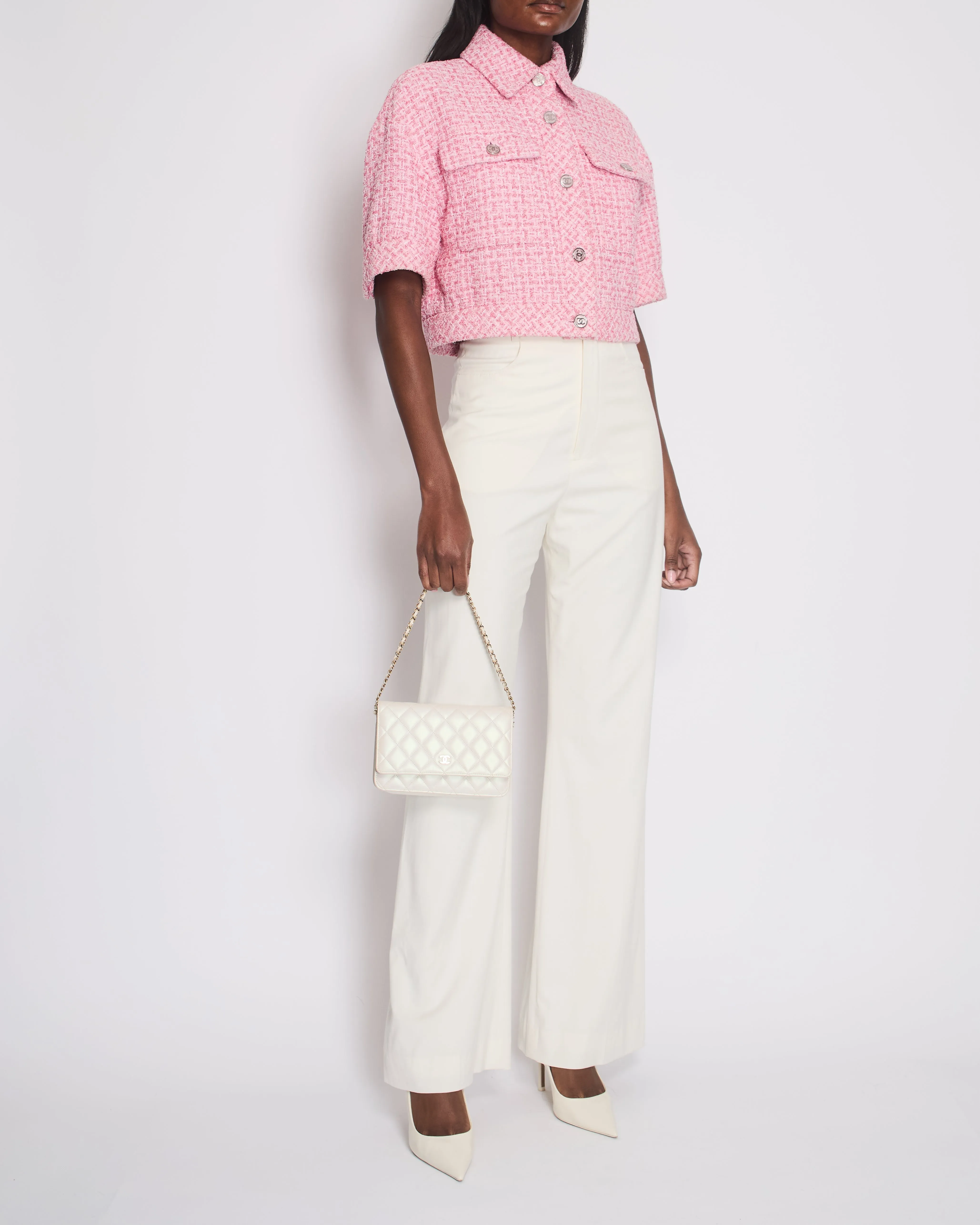 *hot*trendy Inspired  Chanel 2023 Cropped Pink Short Sleeve Tweed Jacket With Silver Cc Buttons Size Fr 36 (uk 8)