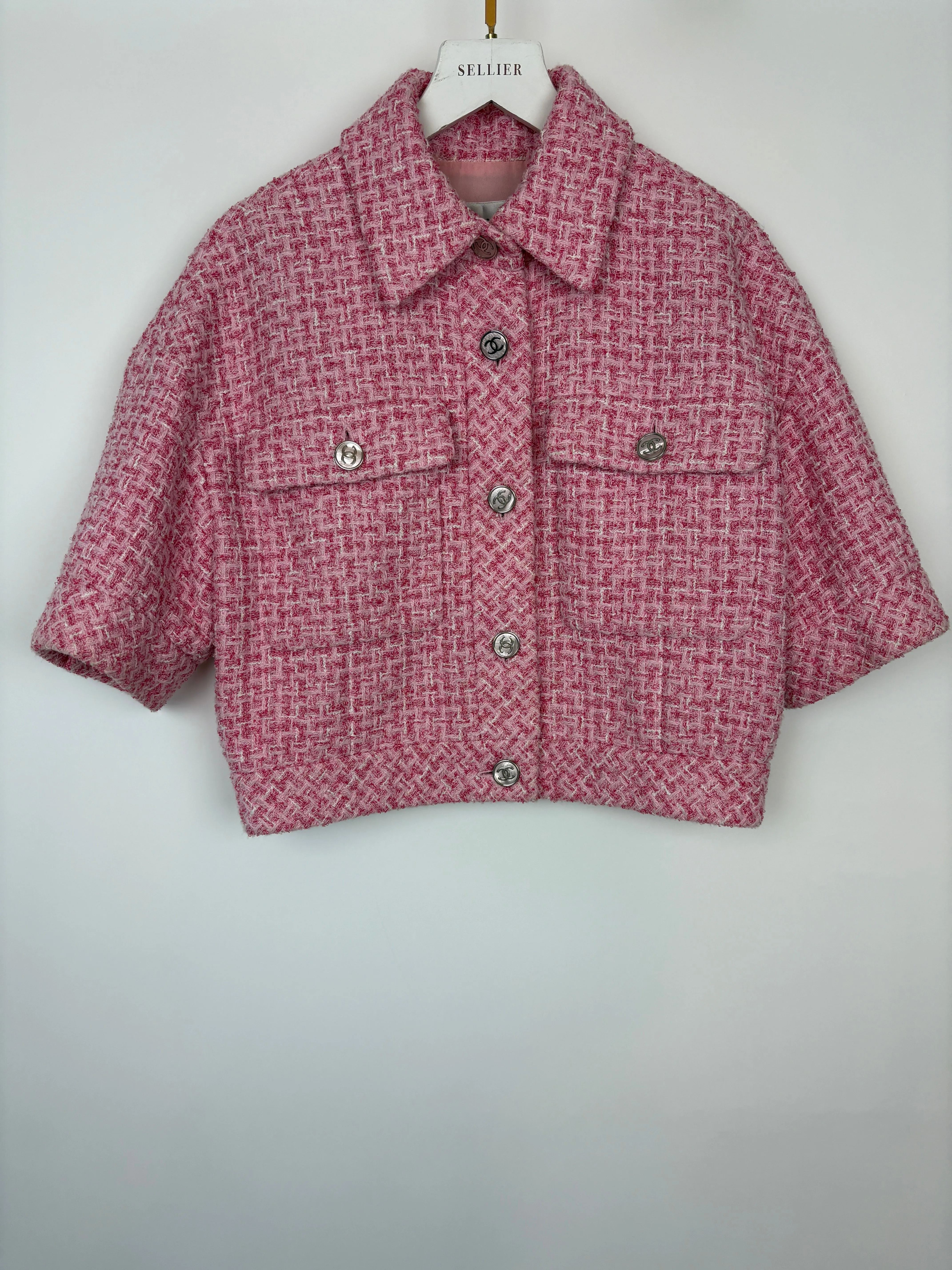 *hot*trendy Inspired  Chanel 2023 Cropped Pink Short Sleeve Tweed Jacket With Silver Cc Buttons Size Fr 36 (uk 8)