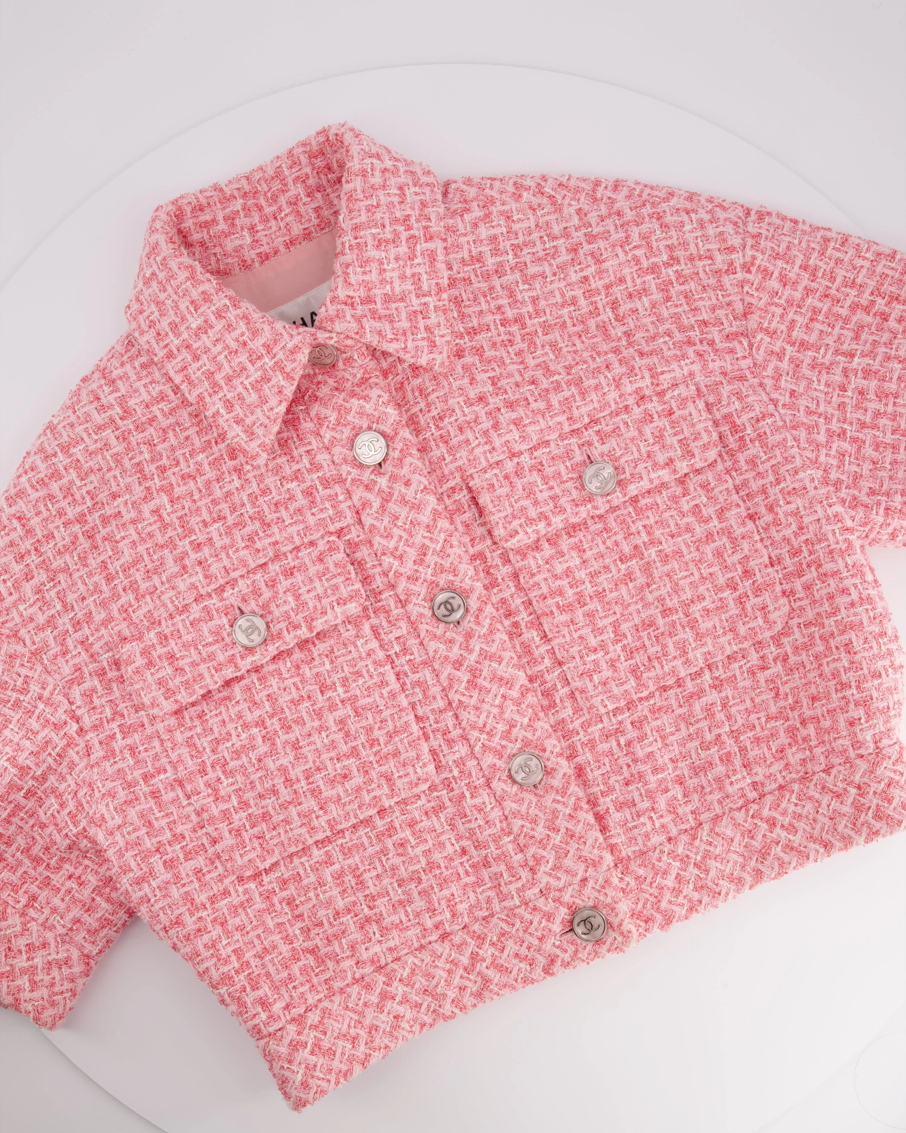 *hot*trendy Inspired  Chanel 2023 Cropped Pink Short Sleeve Tweed Jacket With Silver Cc Buttons Size Fr 36 (uk 8)