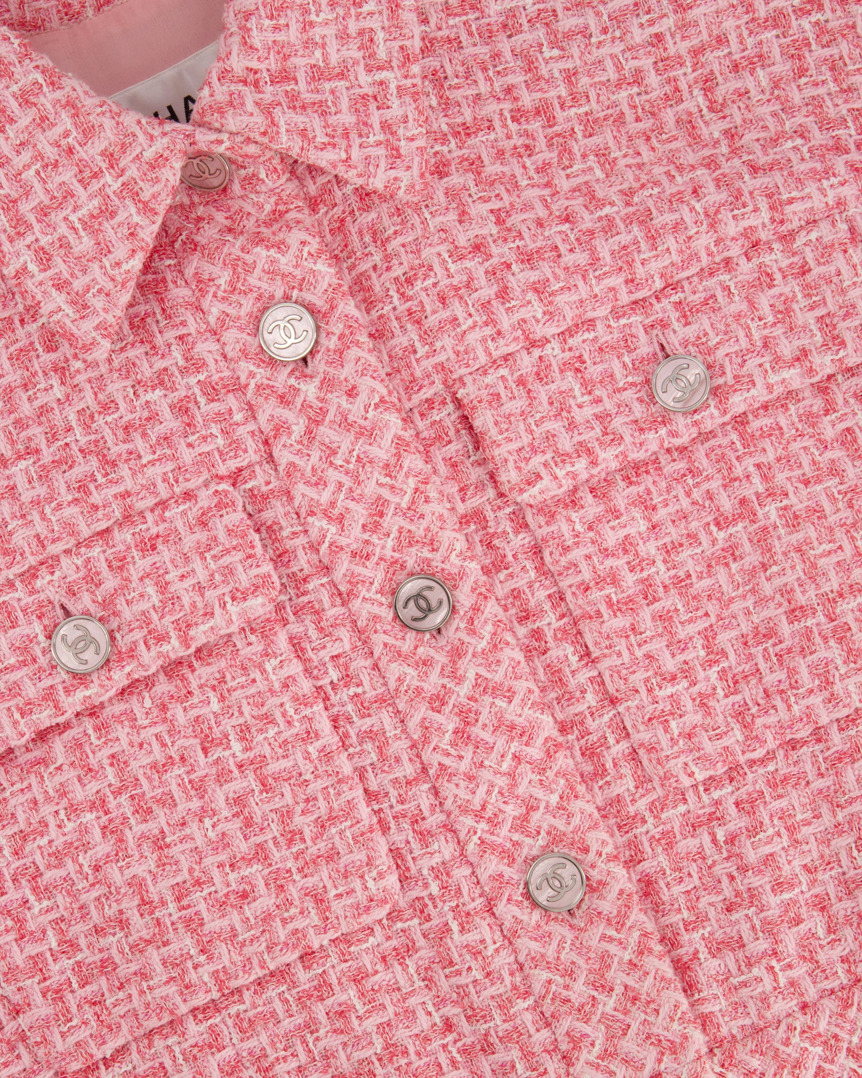 *hot*trendy Inspired  Chanel 2023 Cropped Pink Short Sleeve Tweed Jacket With Silver Cc Buttons Size Fr 36 (uk 8)