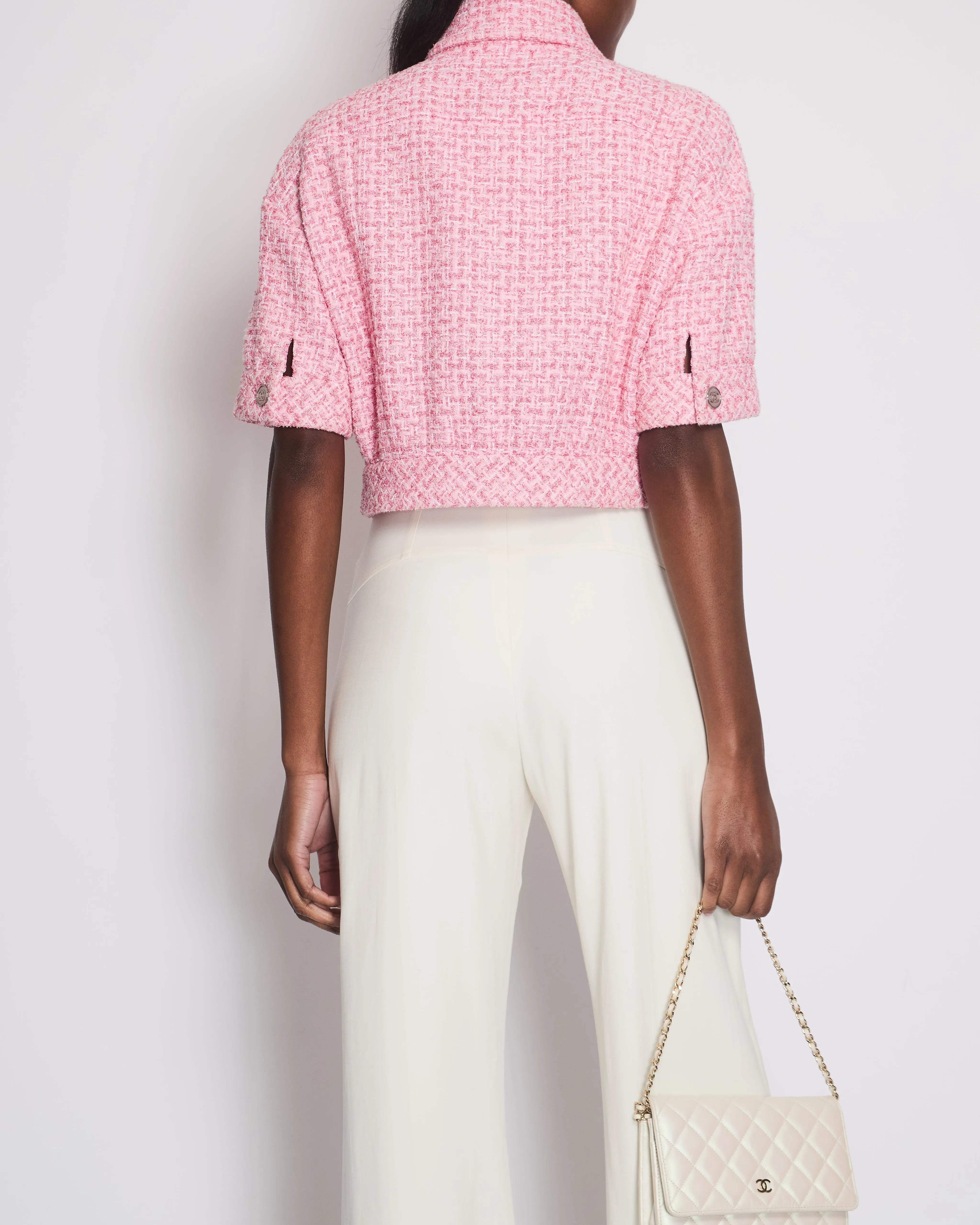 *hot*trendy Inspired  Chanel 2023 Cropped Pink Short Sleeve Tweed Jacket With Silver Cc Buttons Size Fr 36 (uk 8)